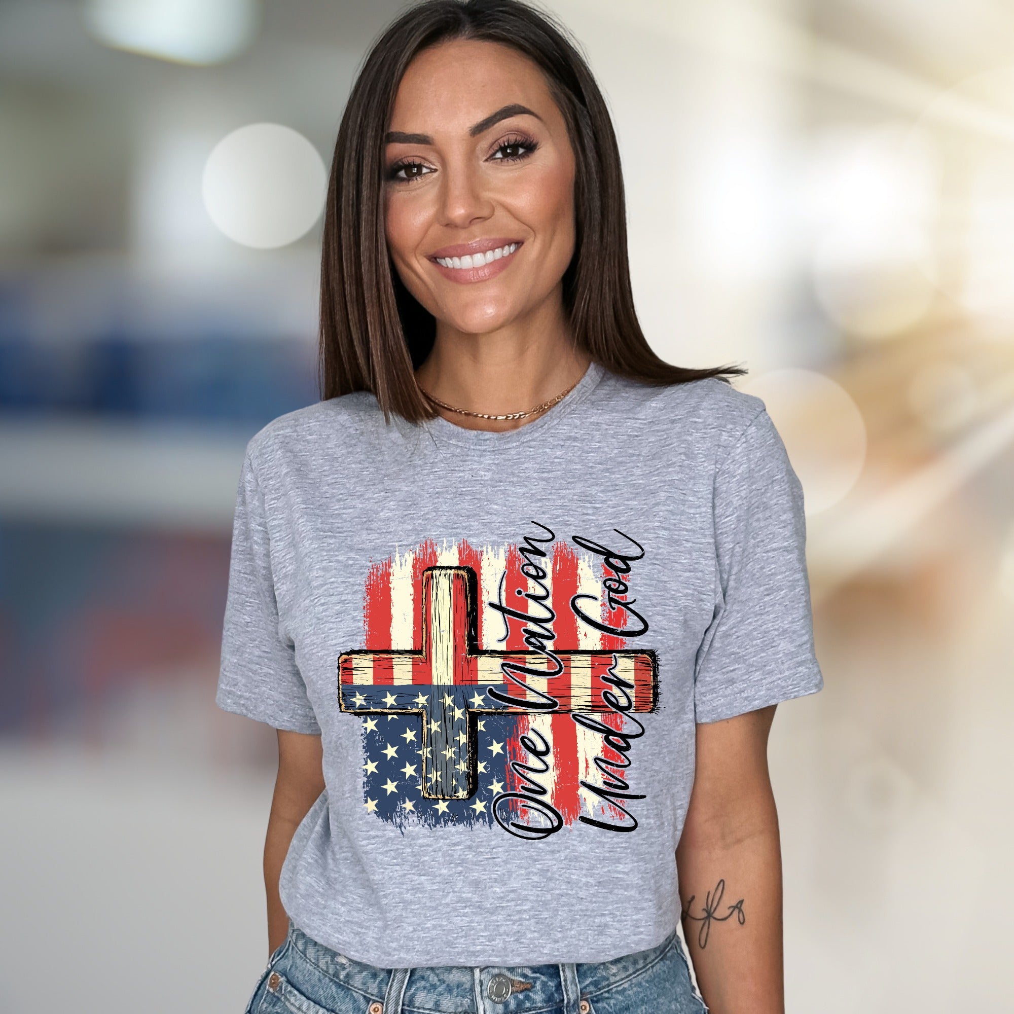 "One Nation Under God" Distressed Flag Cross Tee, a Patriotic Faith Statement