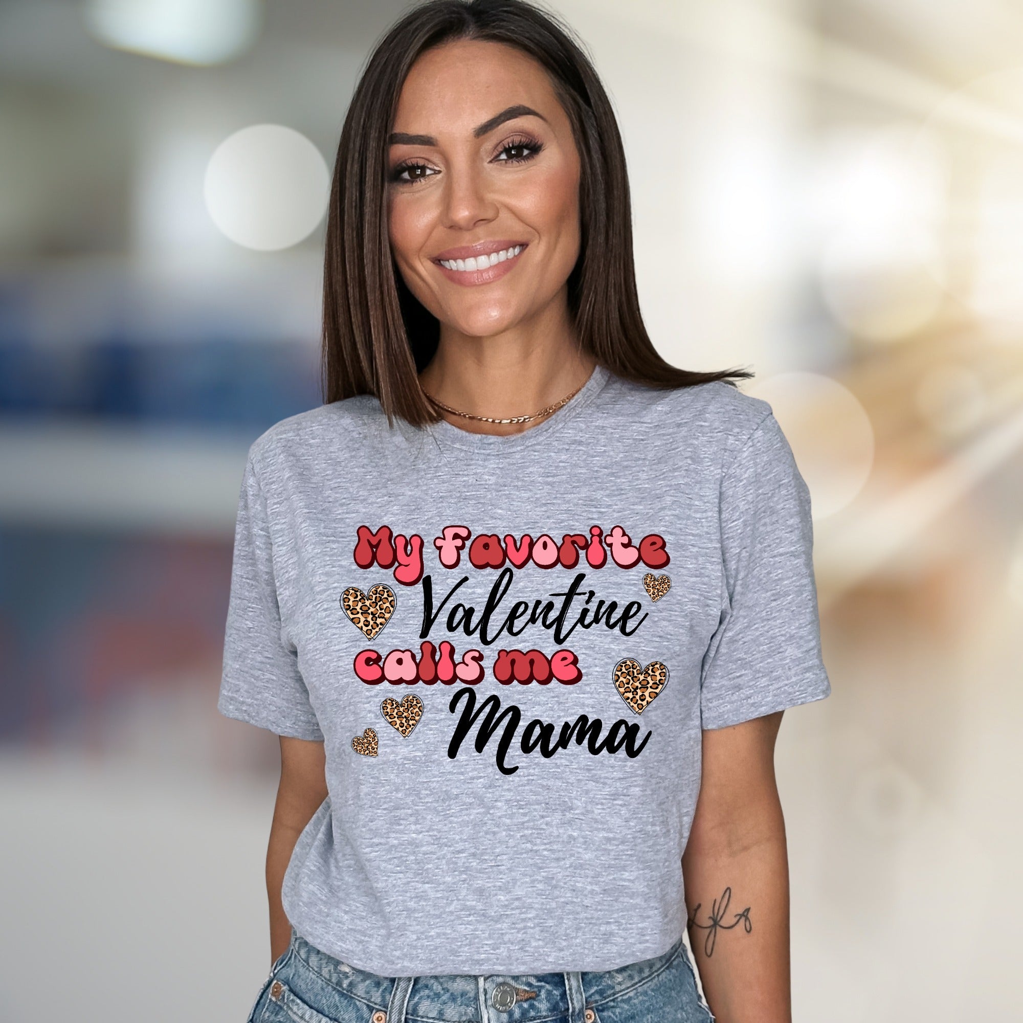 "My Favorite Valentine Calls Me Mama" Leopard Hearts Graphic Tee, a Sweet Gift for Moms