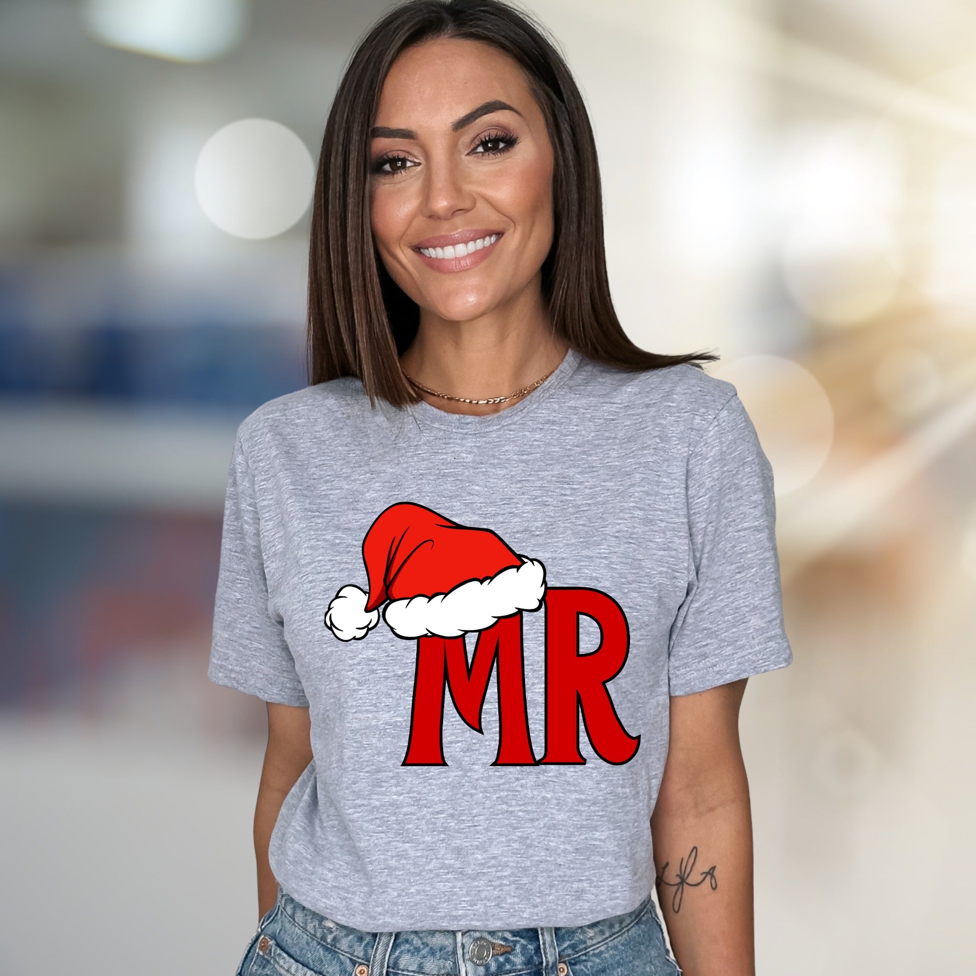 "MR" Santa Hat Graphic Tee, a Festive Couple's Pick for Holiday Lovers