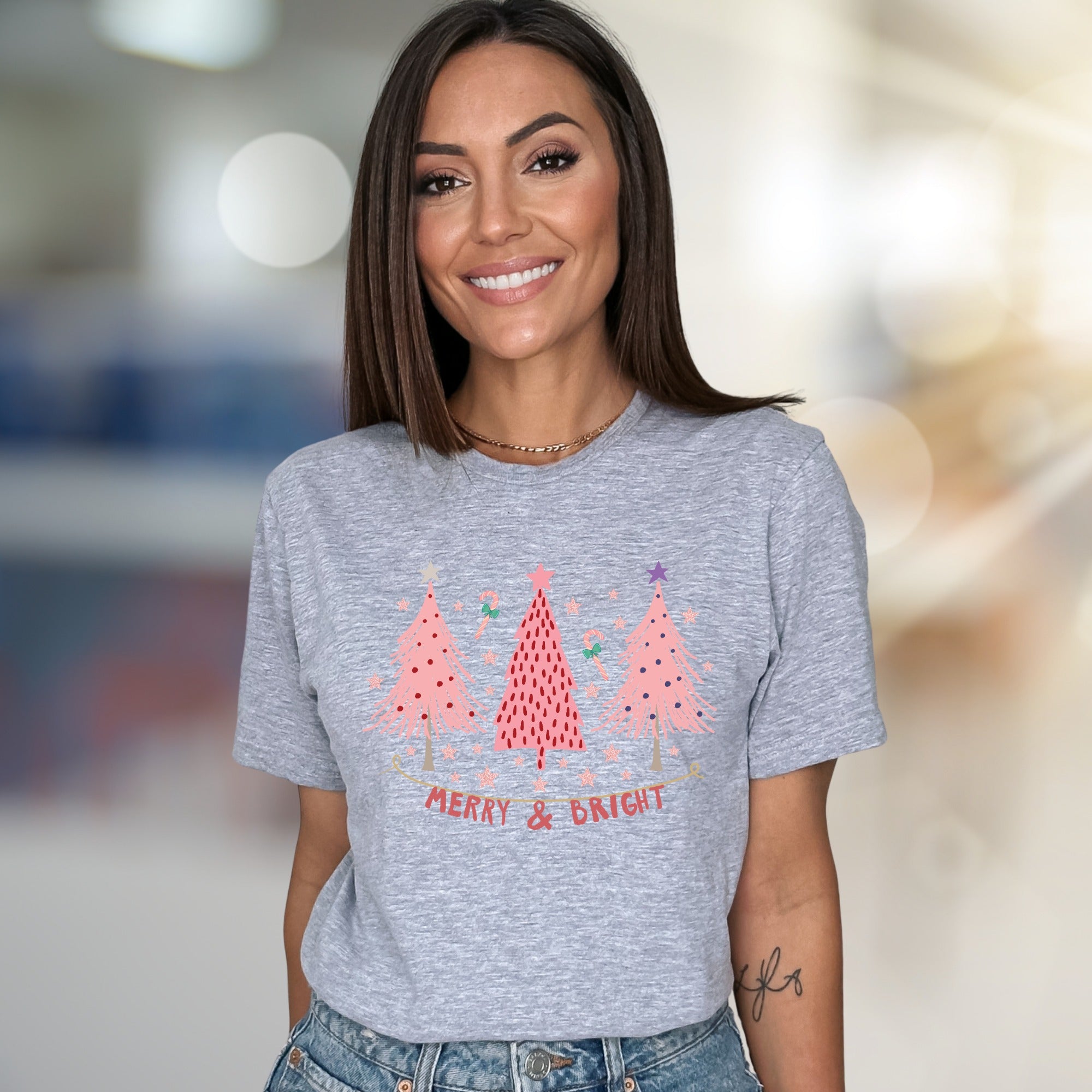 "Merry & Bright" Festive Christmas Trees Graphic Tee, a Whimsical Pick for Holiday Enthusiasts