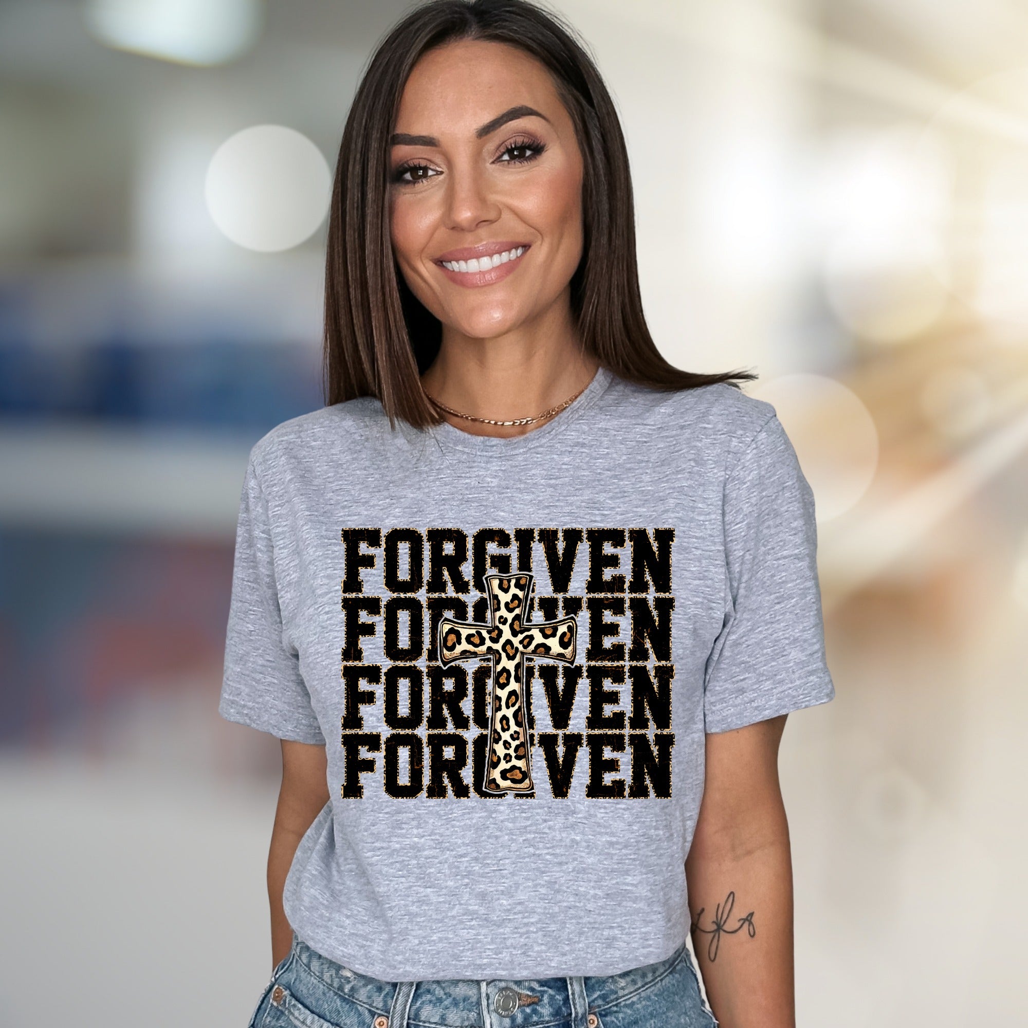 "FORGIVEN" Leopard Cross Graphic Tee, a Faith-Inspired Statement for Believers