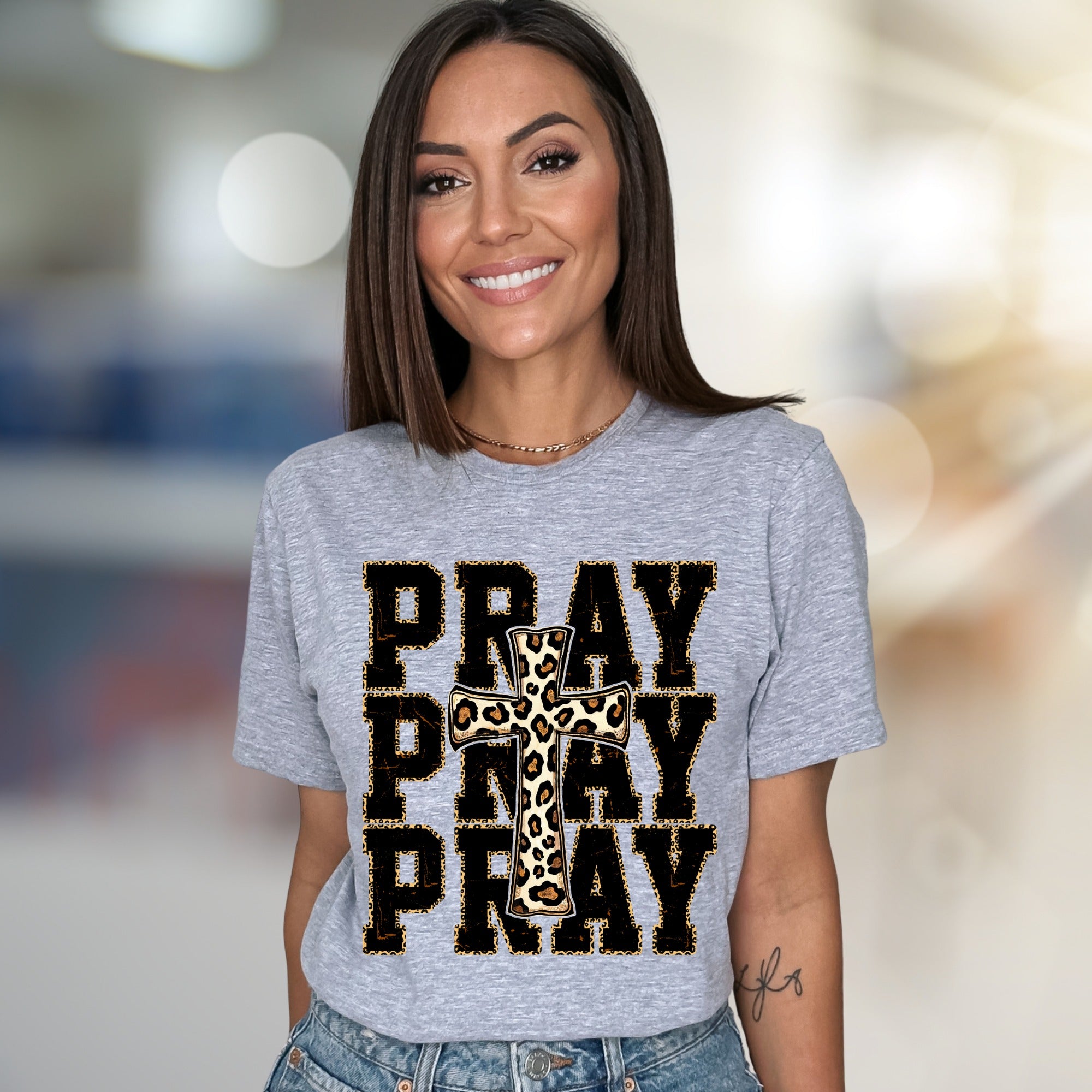 "PRAY" Leopard Print Cross Graphic Tee, a Faith-Inspired Western Pick for Her