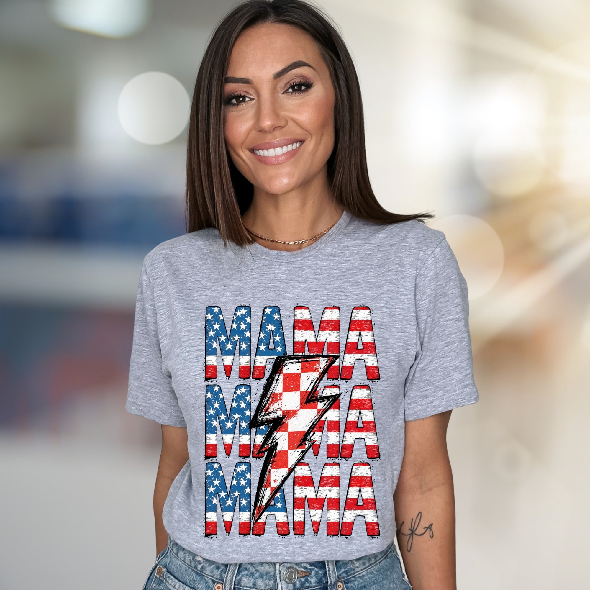 "MAMA" American Flag Lightning Bolt Graphic Tee, a Patriotic Pick for Proud Moms