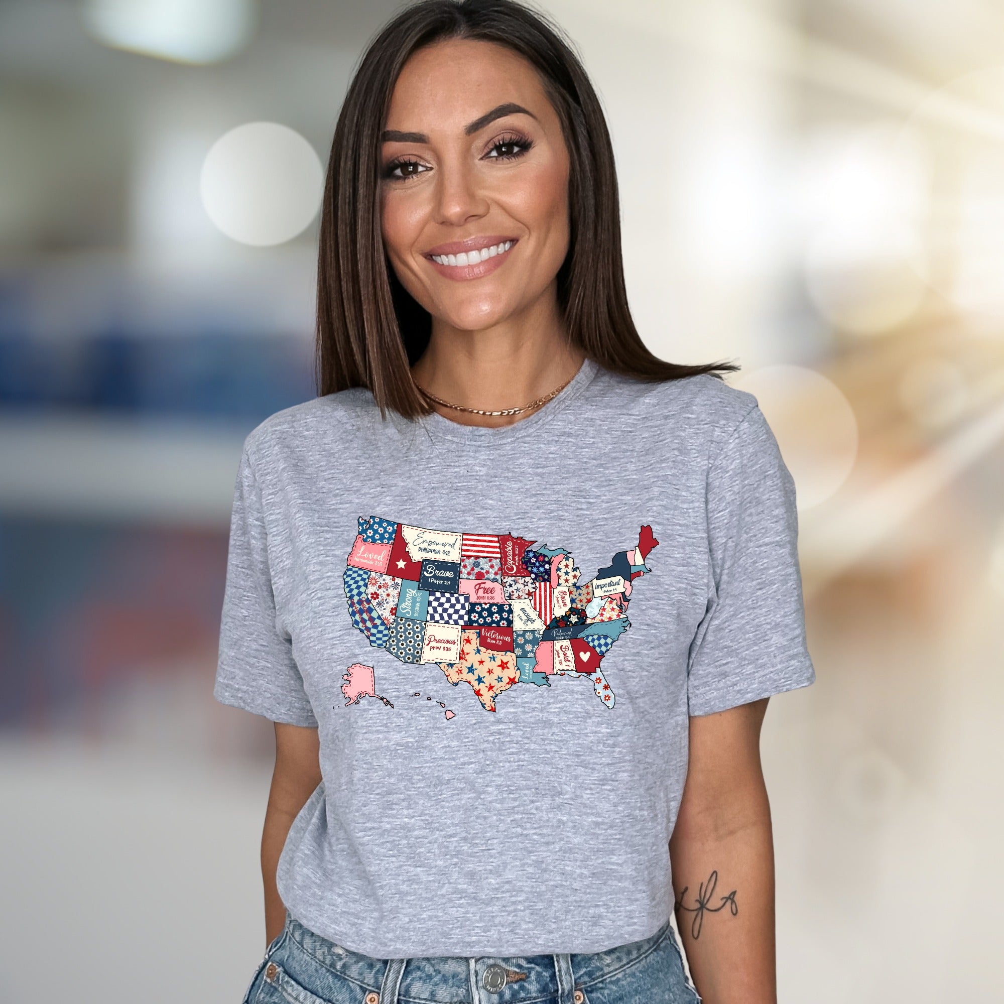 "Loved. Empowered. Brave." Christian Patchwork USA Graphic Tee, a Faith-Inspired Pick for Believers