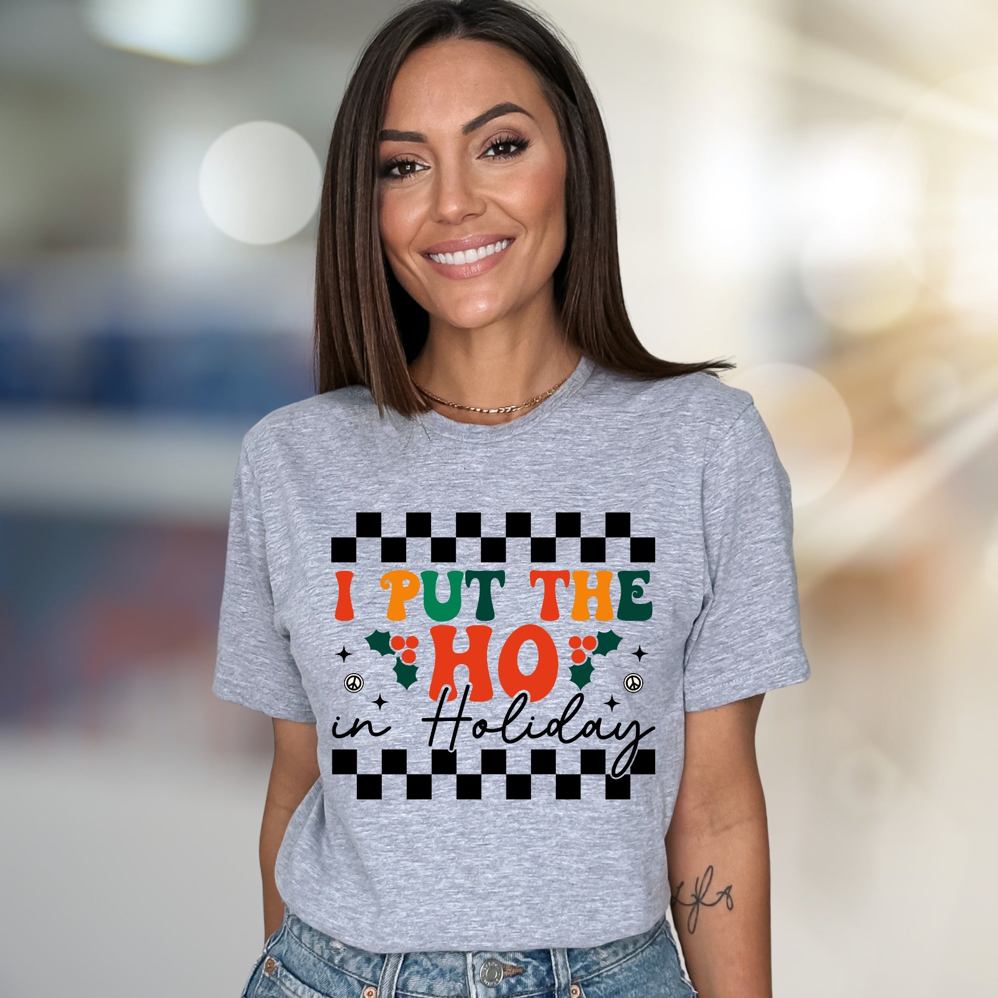 "I Put The Ho In Holiday" Checkerboard Graphic Tee, a Fun & Festive Statement