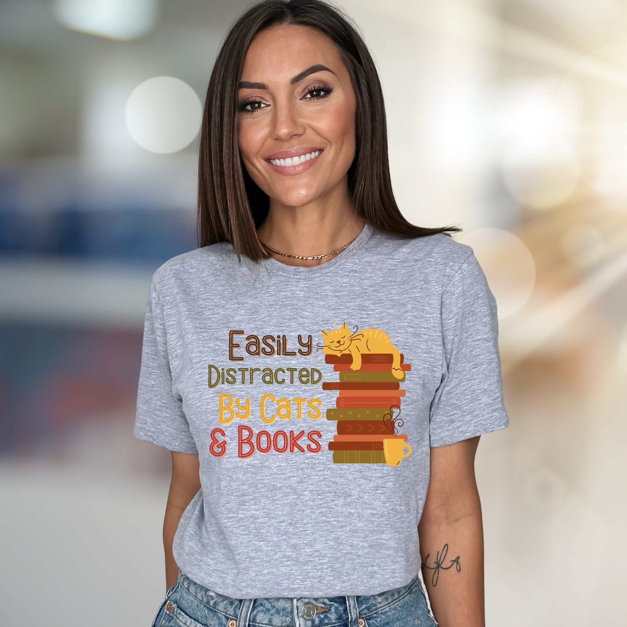"Easily Distracted By Cats & Books" Cozy Reader Graphic Tee, a Feline Fan Pick for Book Lovers