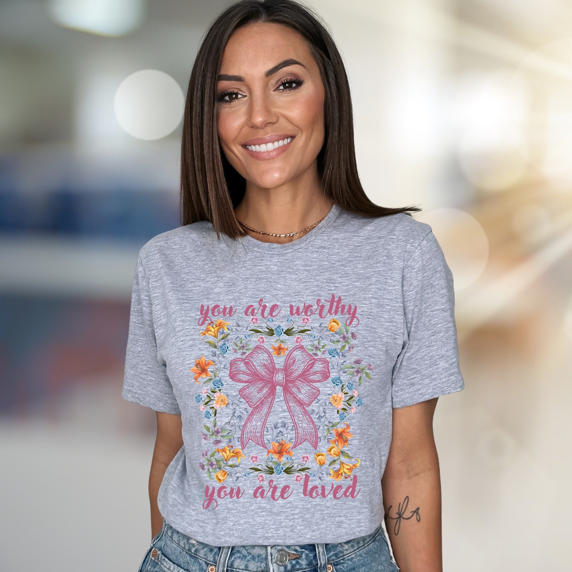 "You Are Worthy You Are Loved" Floral Bow Graphic Tee, a Self-Care Pick for Her