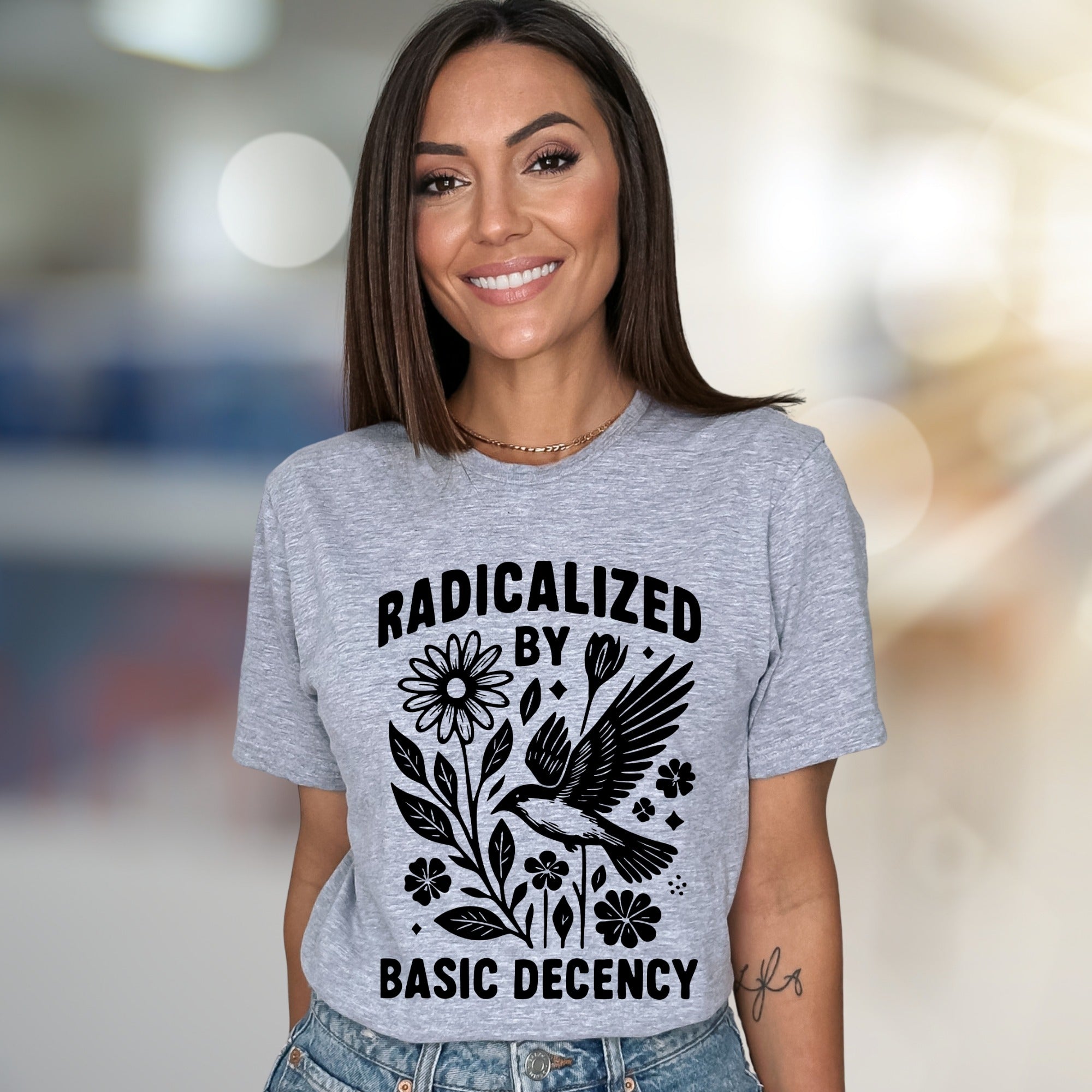 "Radicalized by Basic Decency" Nature Graphic Tee, a Statement Pick for Conscious Individuals