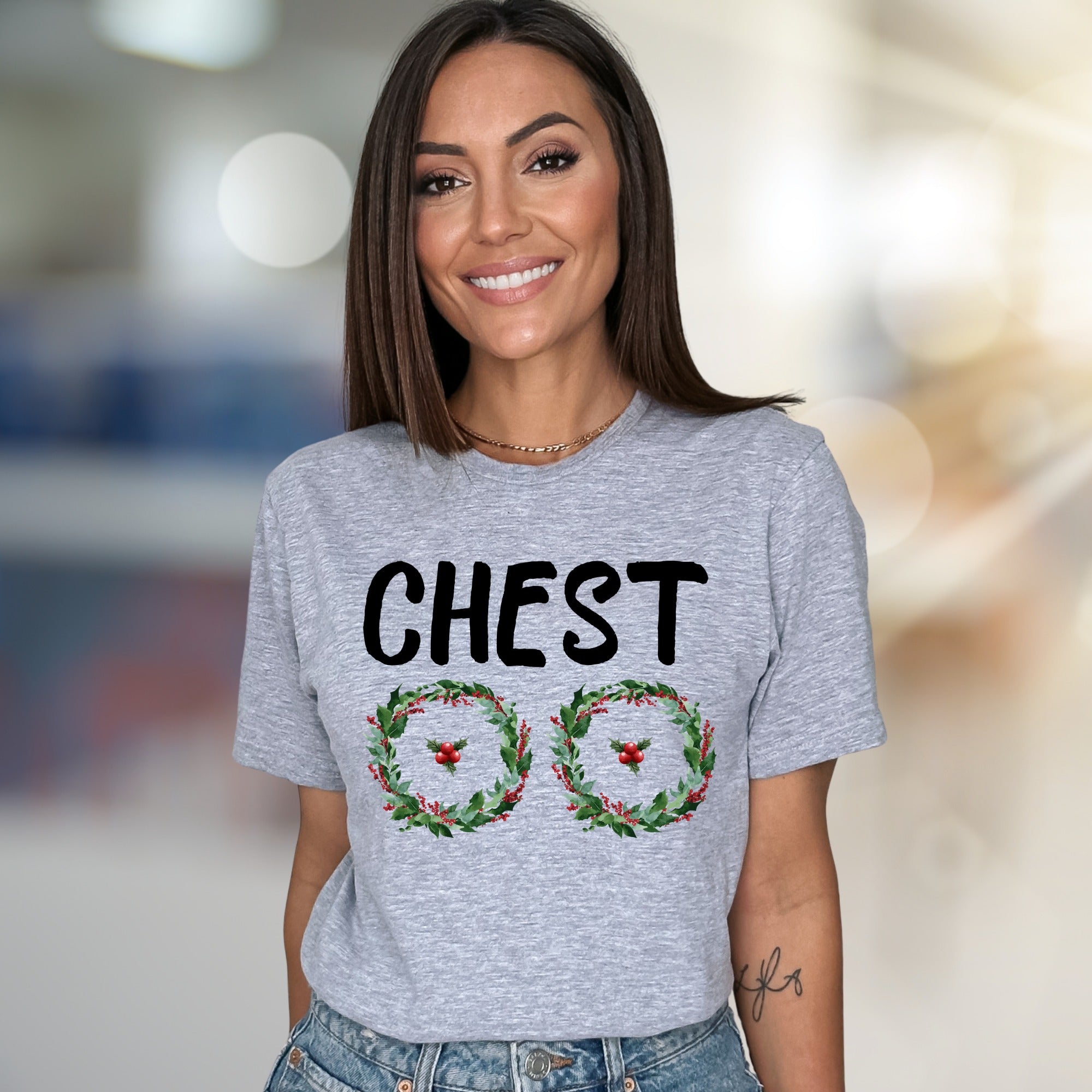 "CHEST" Holiday Wreaths Graphic Tee, a Festive Fun Pick for Christmas Parties