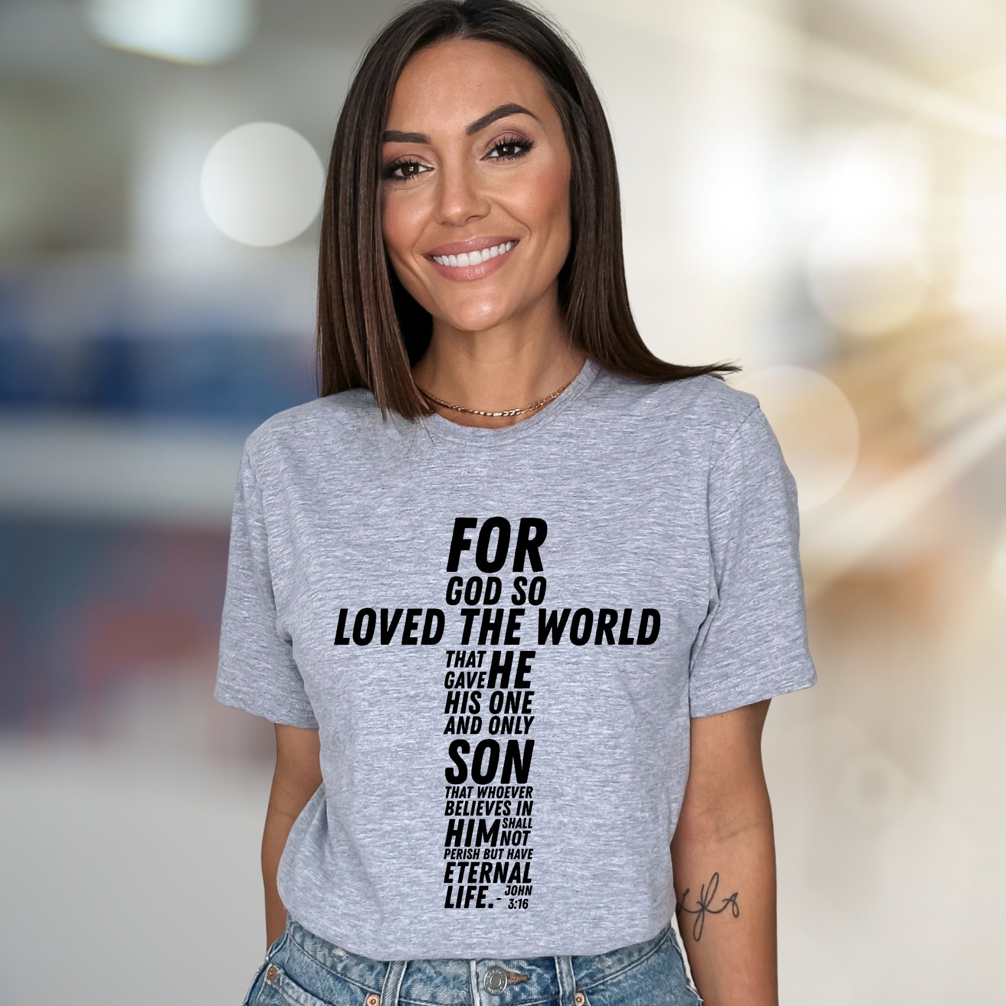 "For God So Loved The World" Scripture Cross Graphic Tee, a Faith-Inspired Pick for Believers