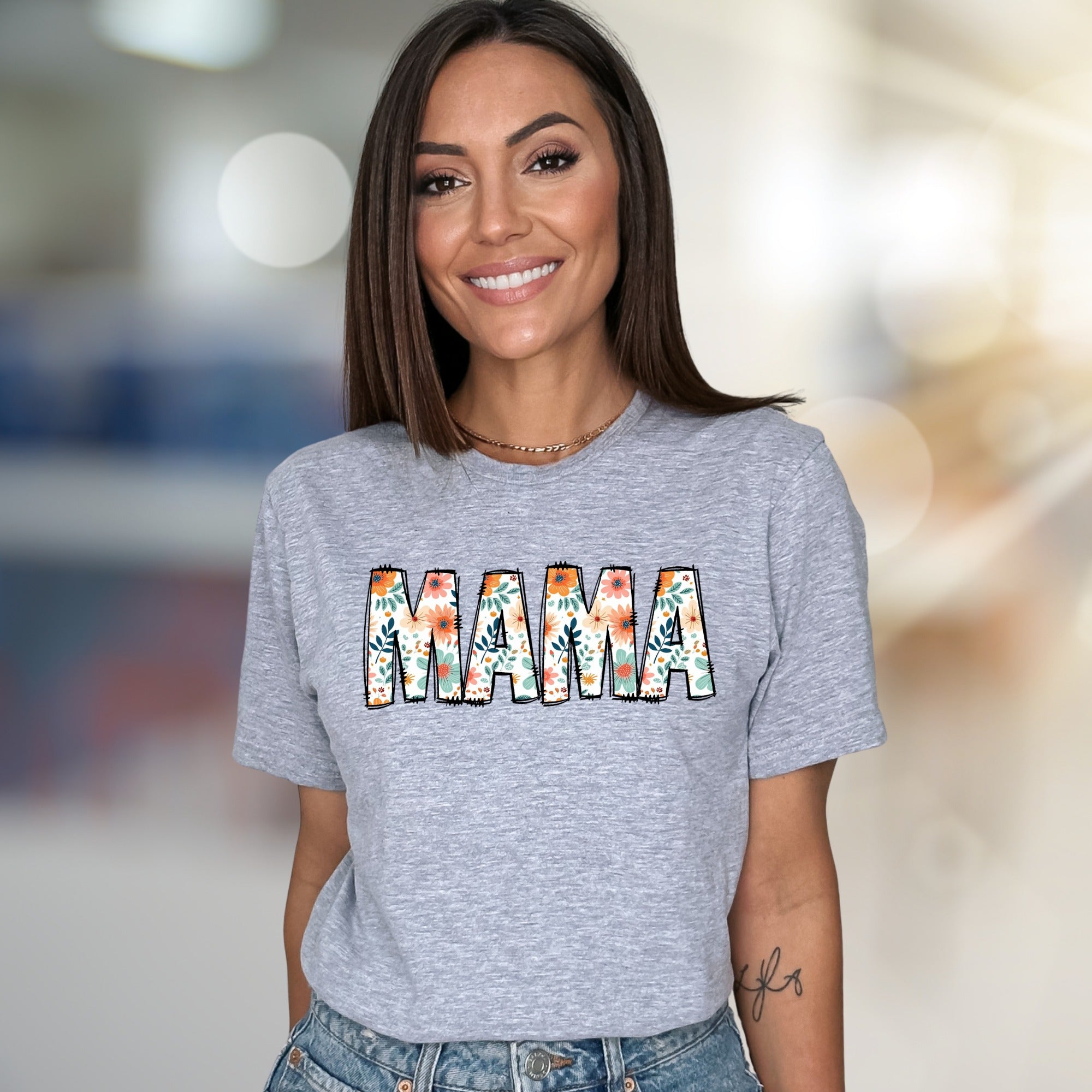 "MAMA" Floral Block Letter Graphic Tee, A Botanical Tribute for Moms