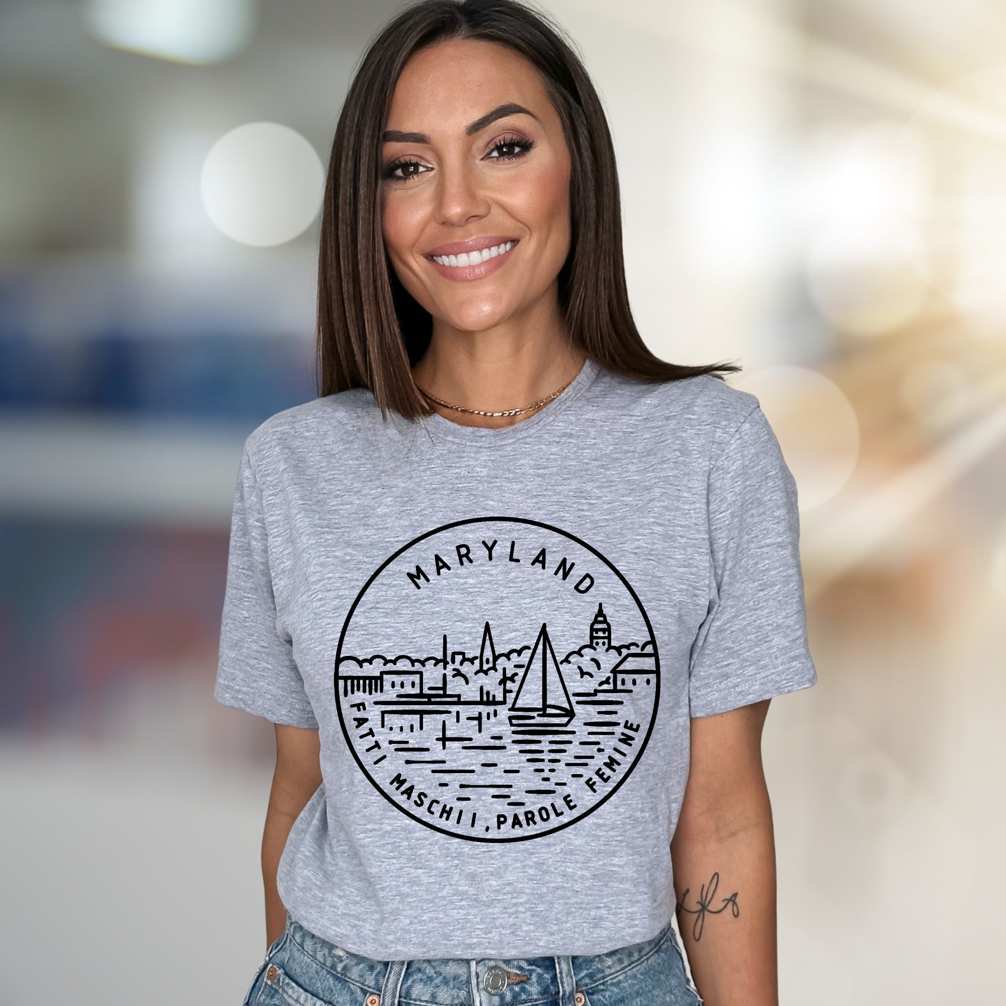 "MARYLAND / FATTI MASCHII, PAROLE FEMINE" Annapolis Harbor Tee, a Nautical State Pride Pick for Maryland Enthusiasts