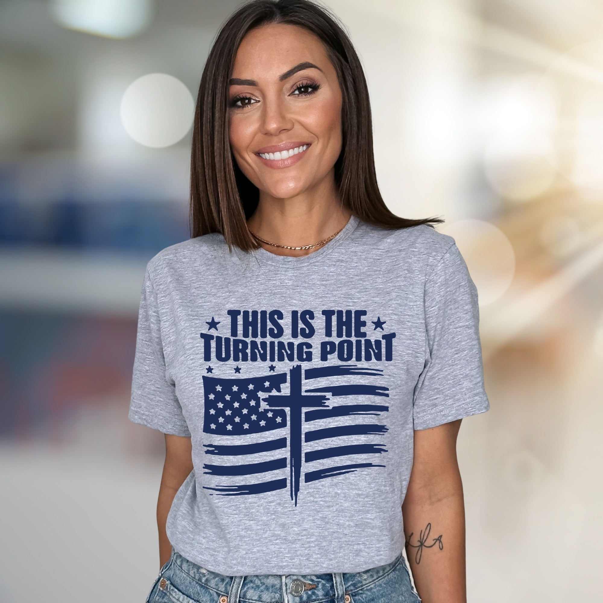 "THIS IS THE TURNING POINT" American Flag Cross Graphic Tee, a Faith-Inspired Statement