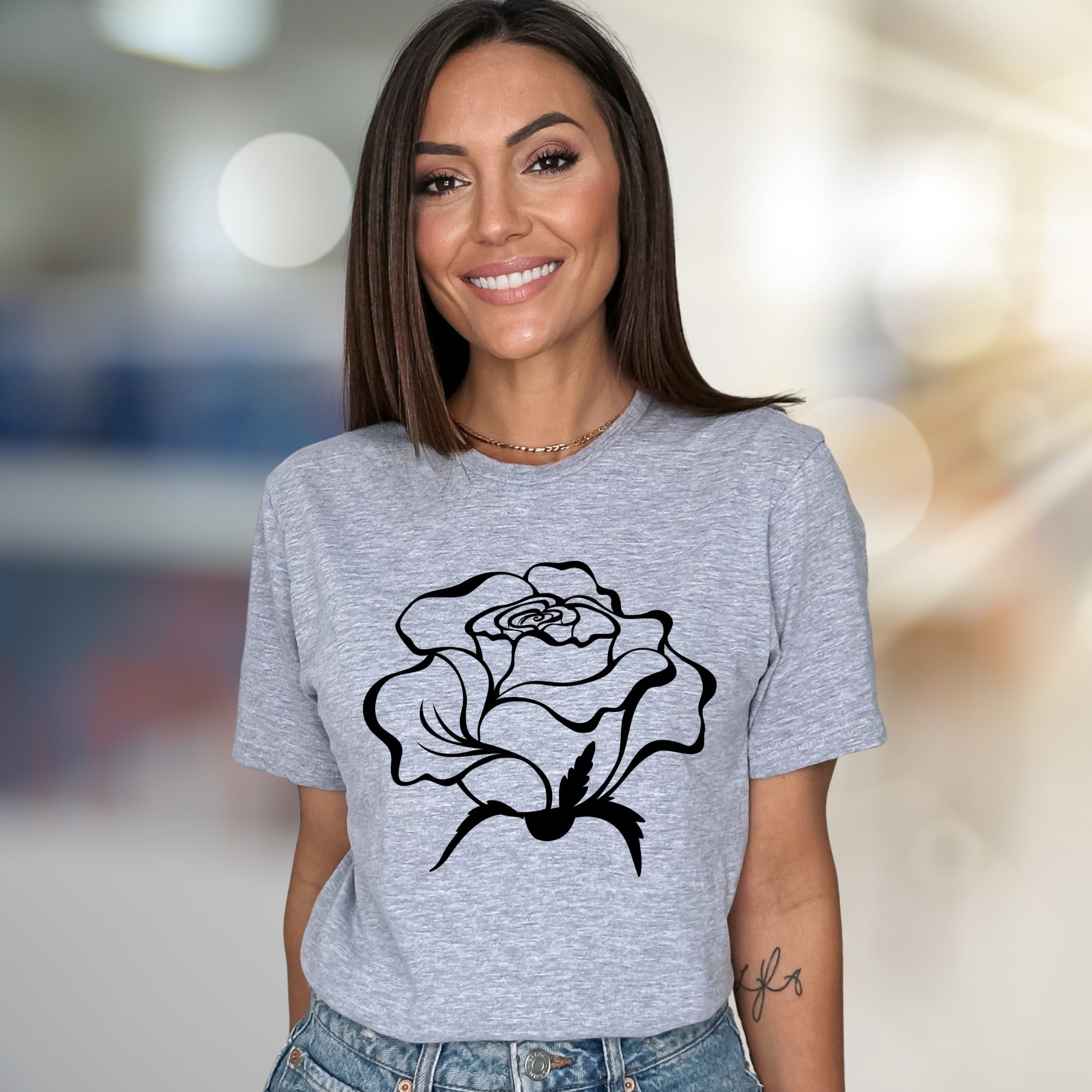 White Outline Rose Graphic Tee, a Floral Art Aesthetic for Everyday Style