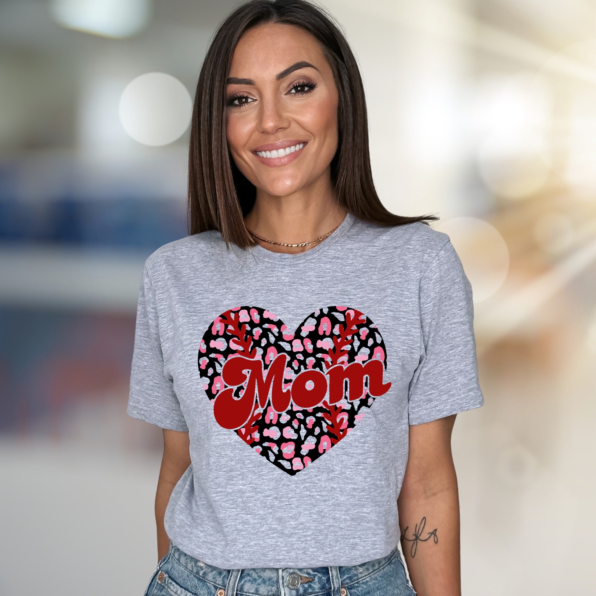 Mom Leopard Print Heart Baseball Graphic Tee, a Trendy Statement for Her