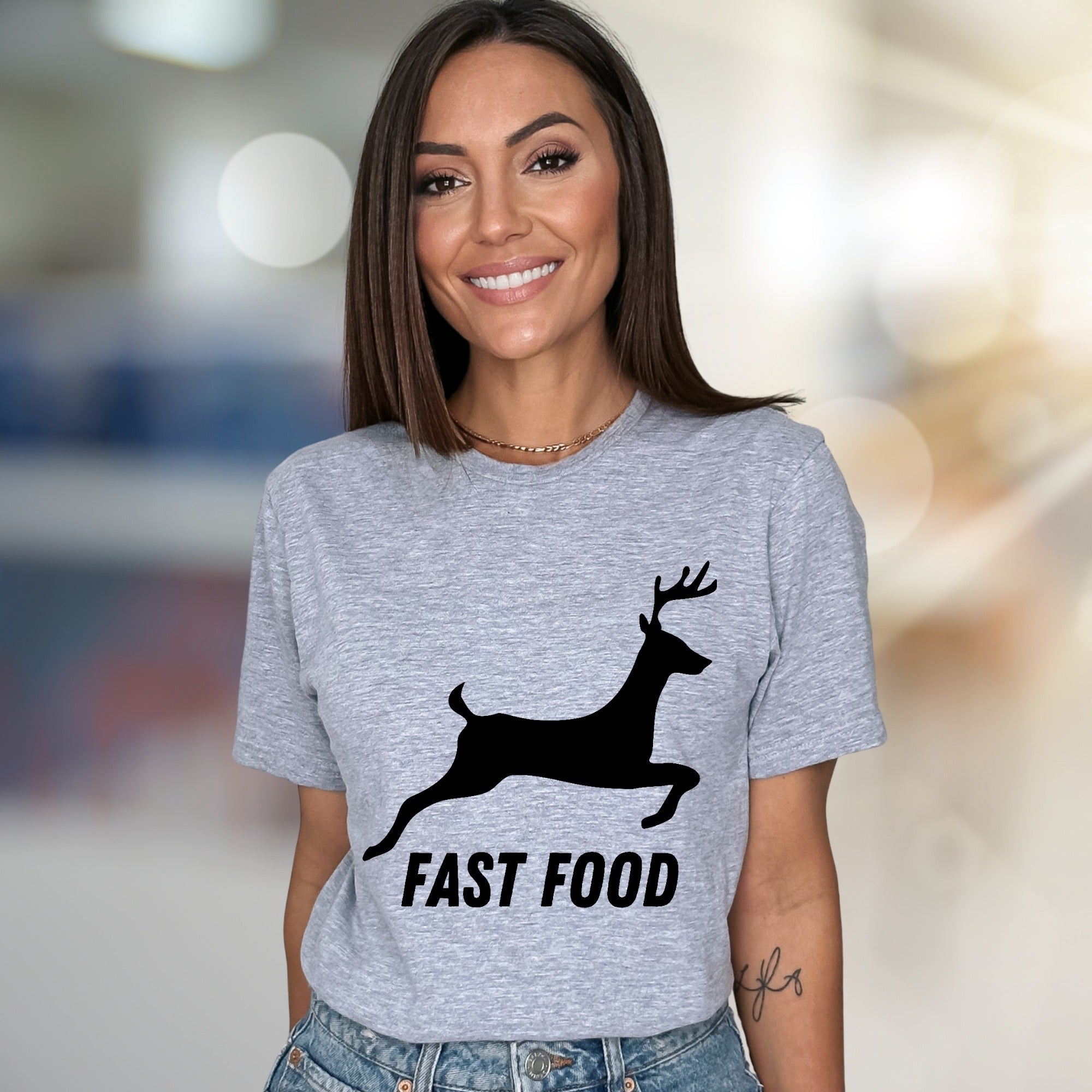 "Fast Food" Hunter Deer Graphic Tee, a Humorous Outdoorsy Pick for Enthusiasts