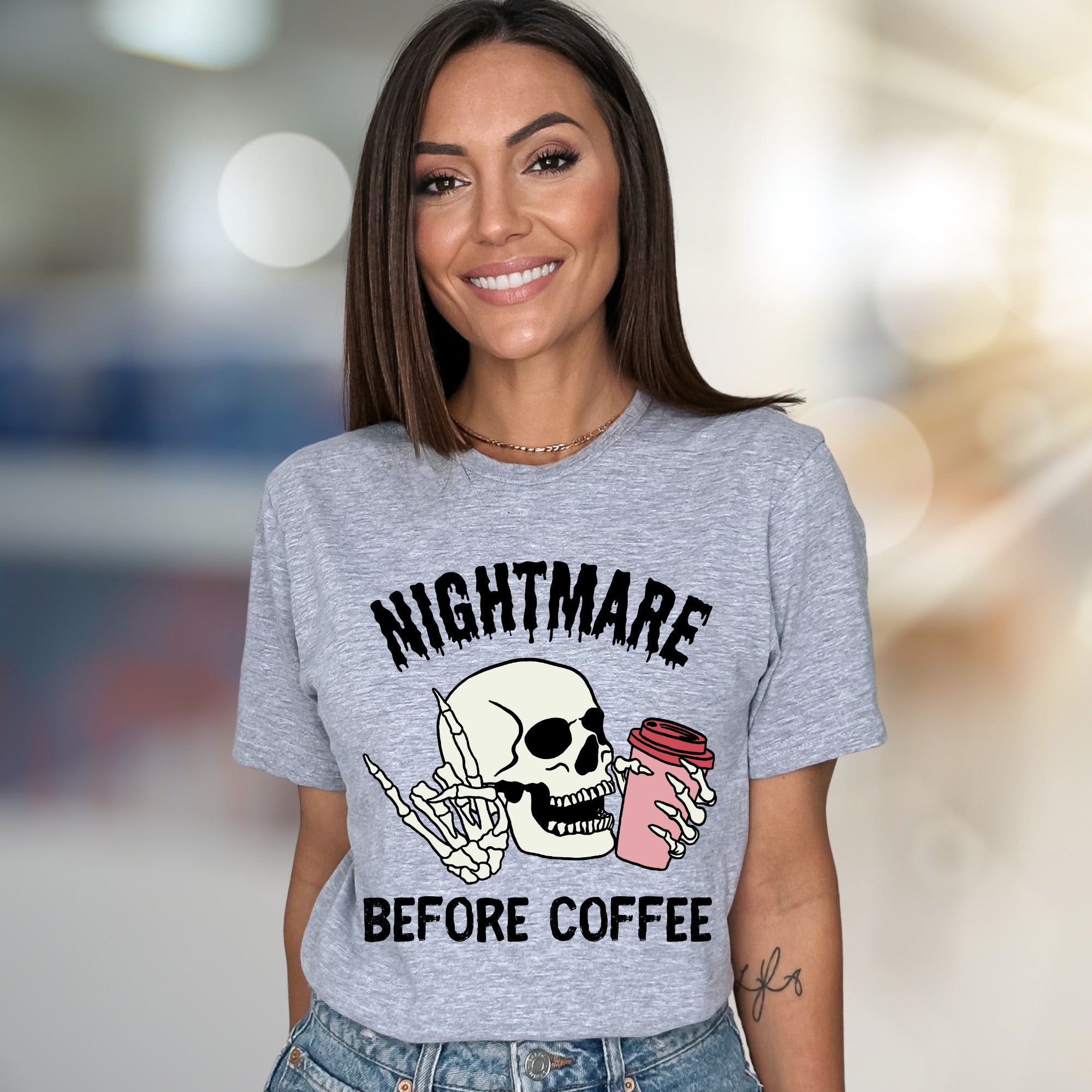 "NIGHTMARE BEFORE COFFEE" Humorous Skeleton Graphic Tee, a Witty Statement for Coffee Lovers