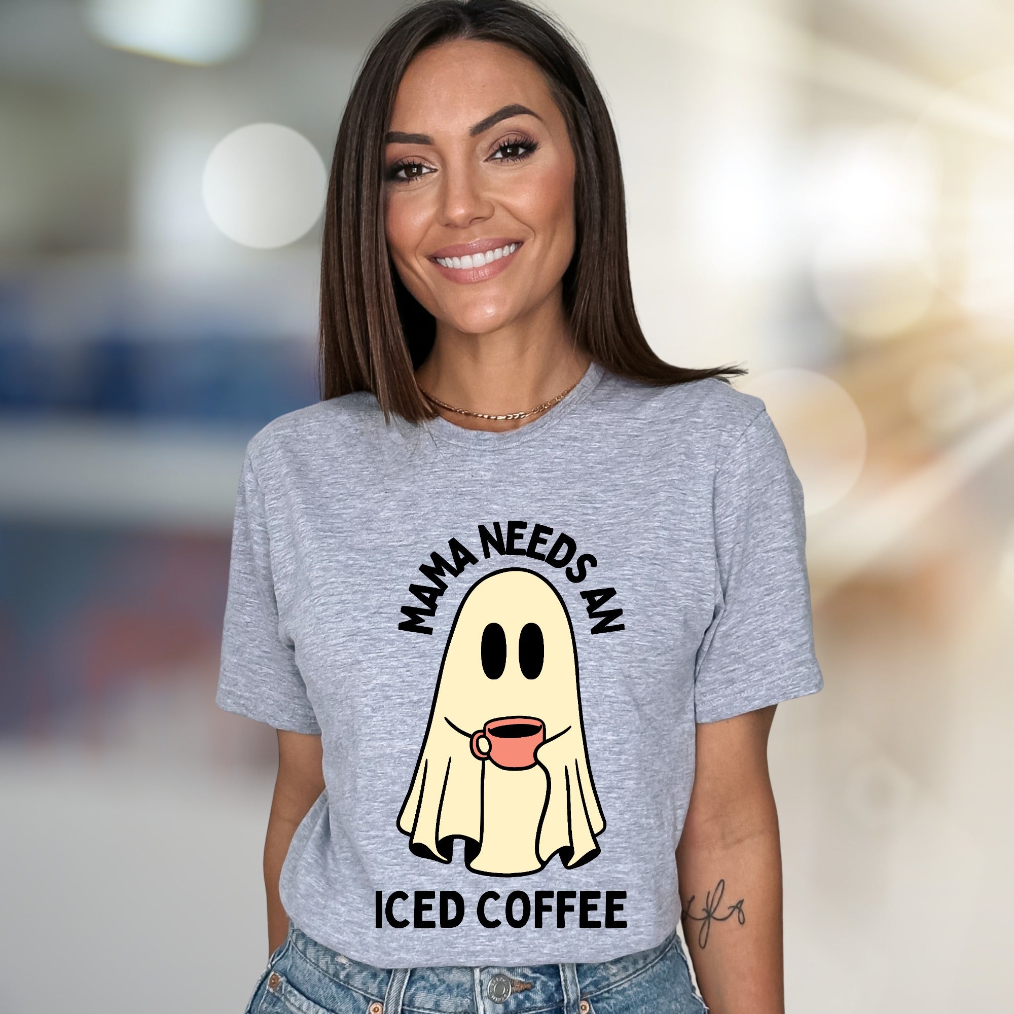 "Mama Needs An Iced Coffee" Spooky Coffee Lover Graphic Tee, a Humorous Mom Pick for Everyday Comfort