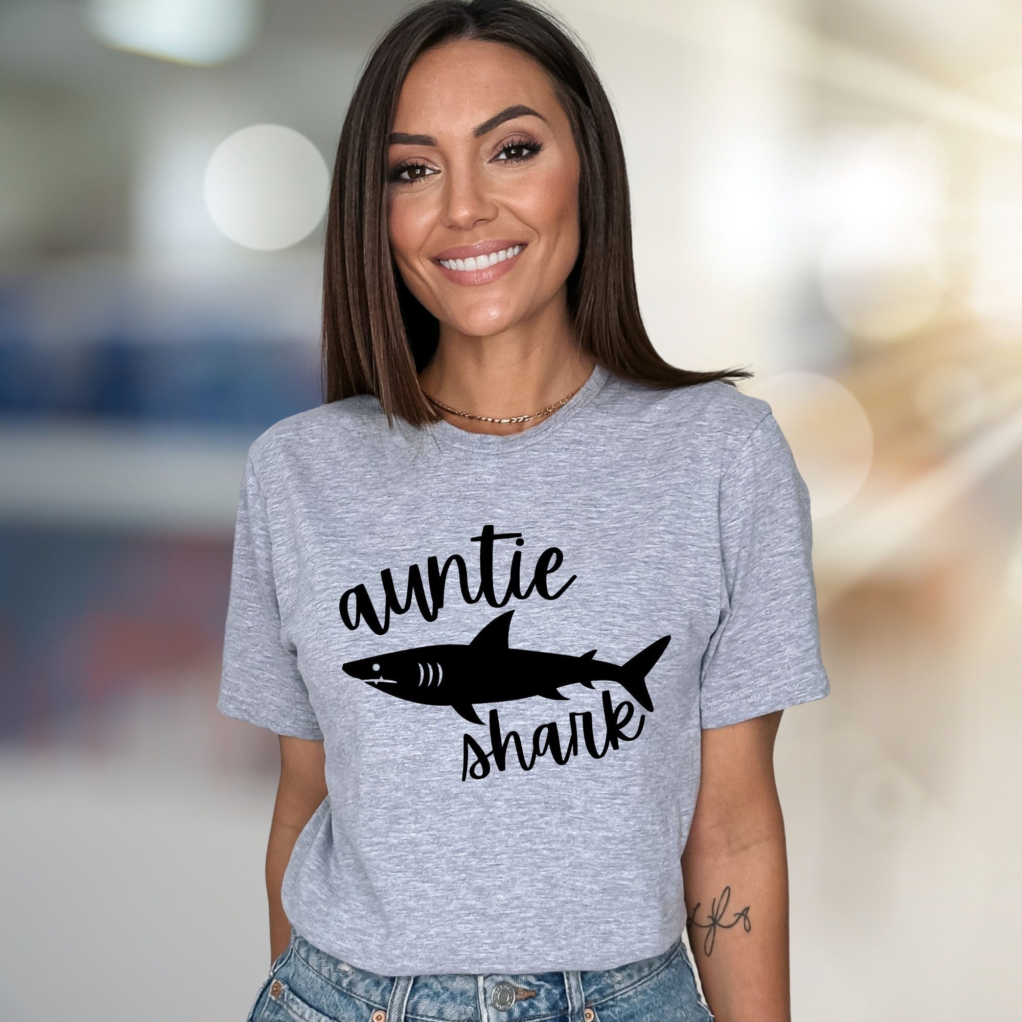 "Auntie Shark" Ocean Fun Graphic Tee, a Family Love Pick for Cool Aunts