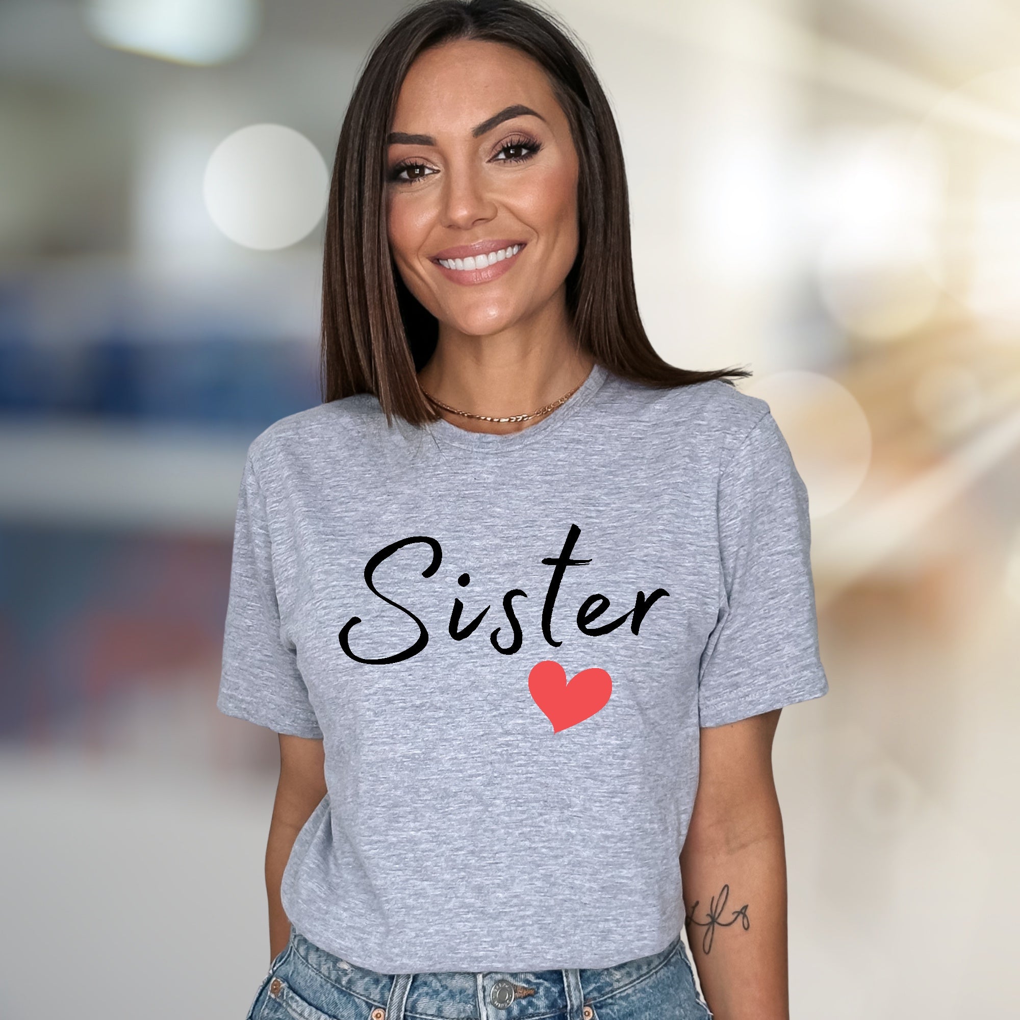 "Sister" Heart Script Graphic Tee, a Loving Pick for Family Bonds