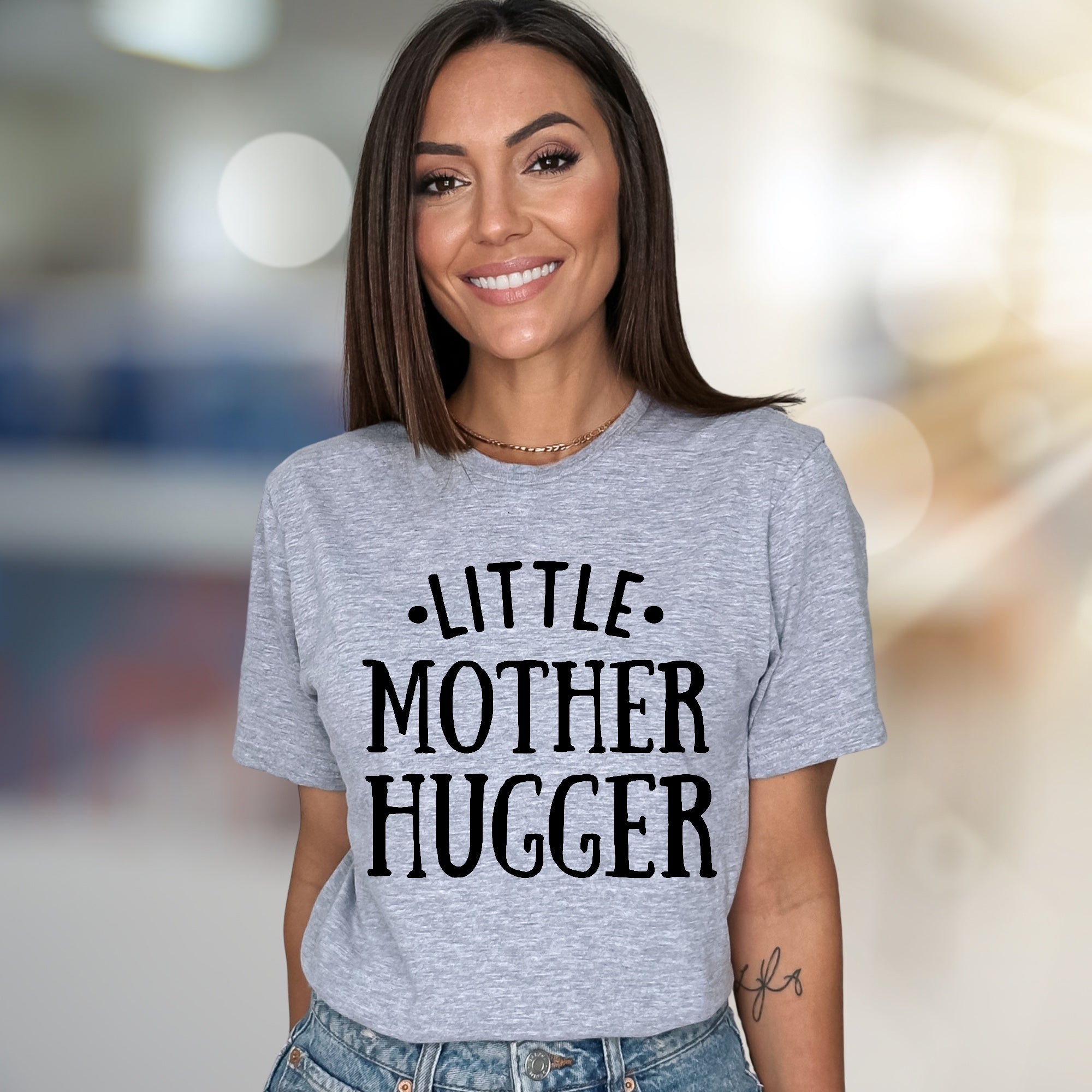 "Little Mother Hugger" Funny Mom Life Graphic Tee, a Sweet Gift for Her