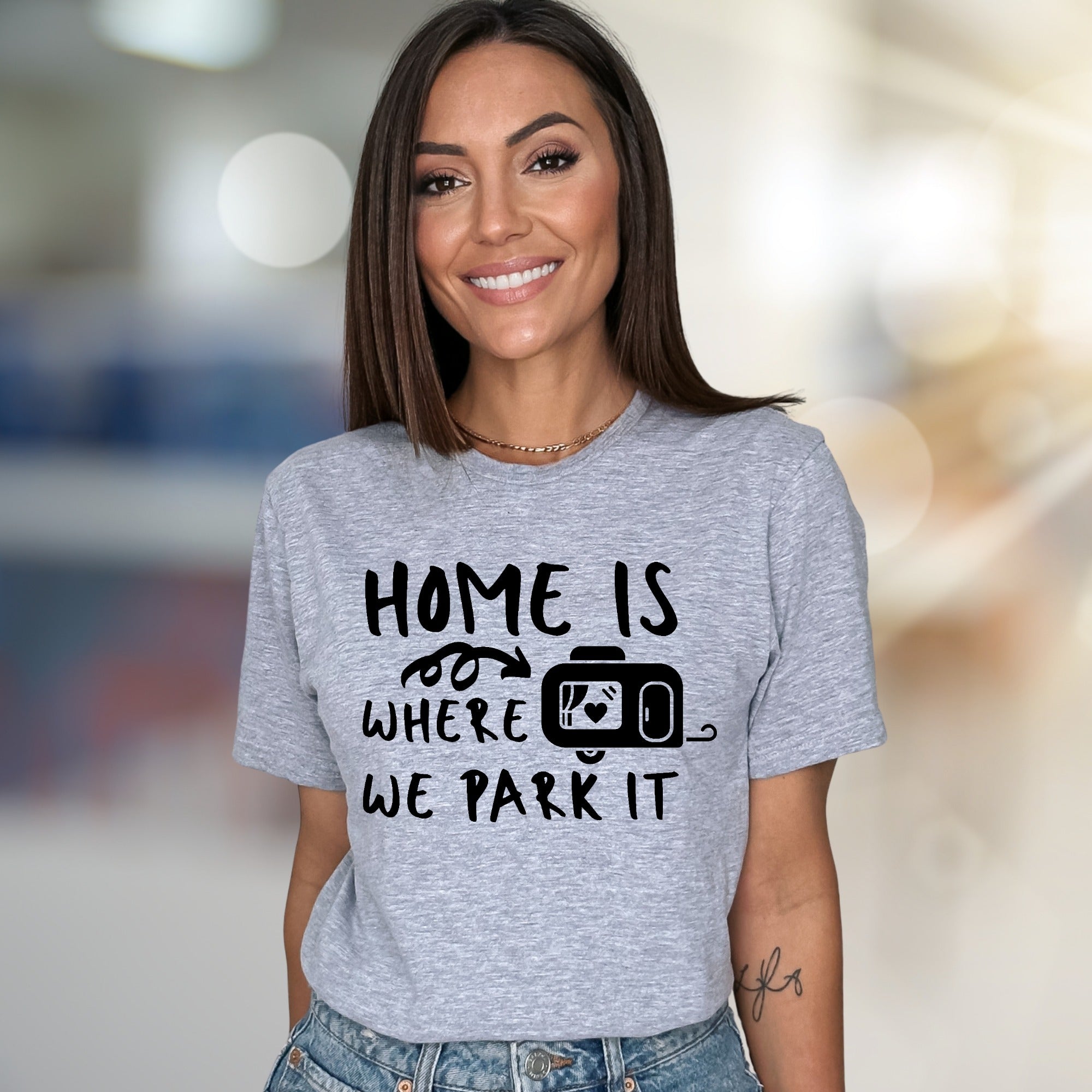 "HOME IS WHERE WE PARK IT" Camper Graphic Tee, A Laid-Back Travel Shirt for RV Lovers