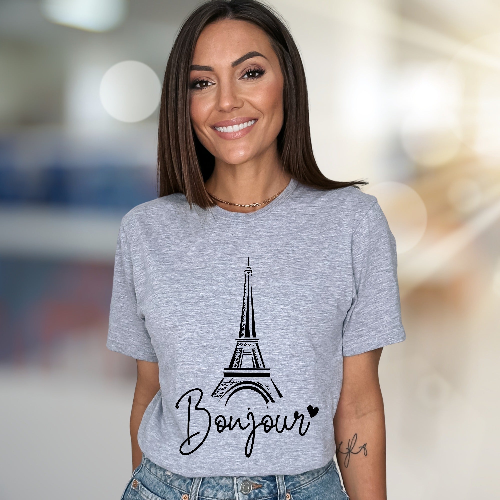 "Bonjour" Eiffel Tower Graphic Tee, a Parisian Chic Pick for Travelers
