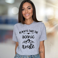 "Always Take the Scenic Route" Mountain Graphic Tee, a Nature Lover's Pick for Adventurers