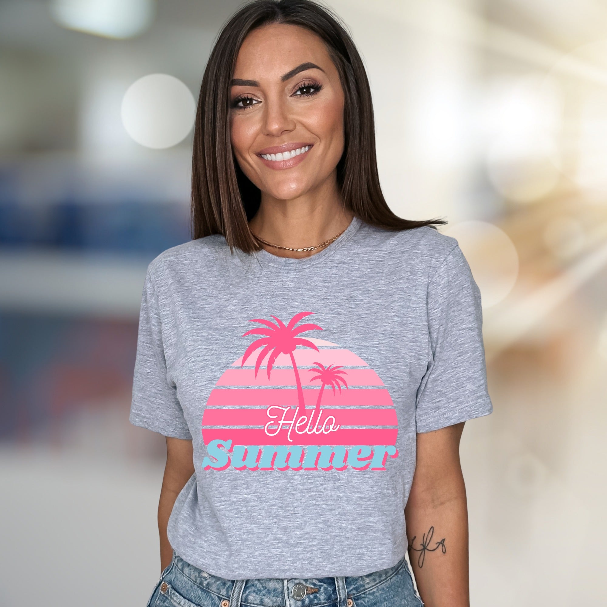 "Hello Summer" Tropical Sunset Graphic Tee, a Vacation Vibes Pick for Beach Lovers