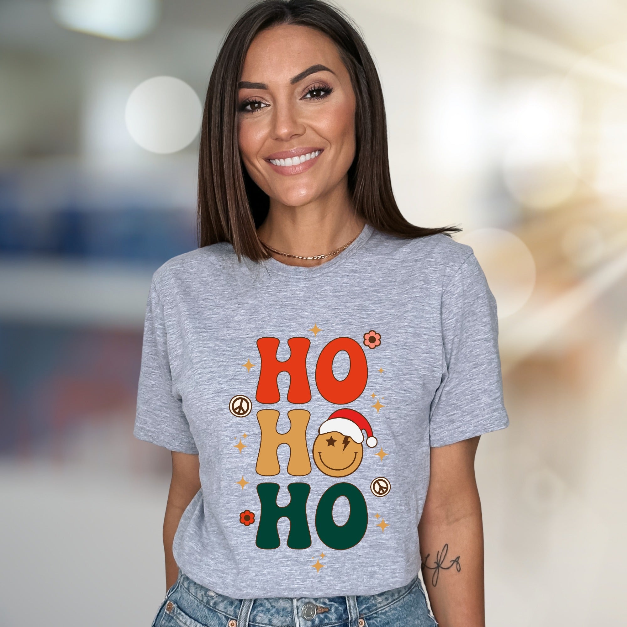 "HO HO HO" Retro Smiley Graphic Tee, a Festive Holiday Pick for Merrymakers