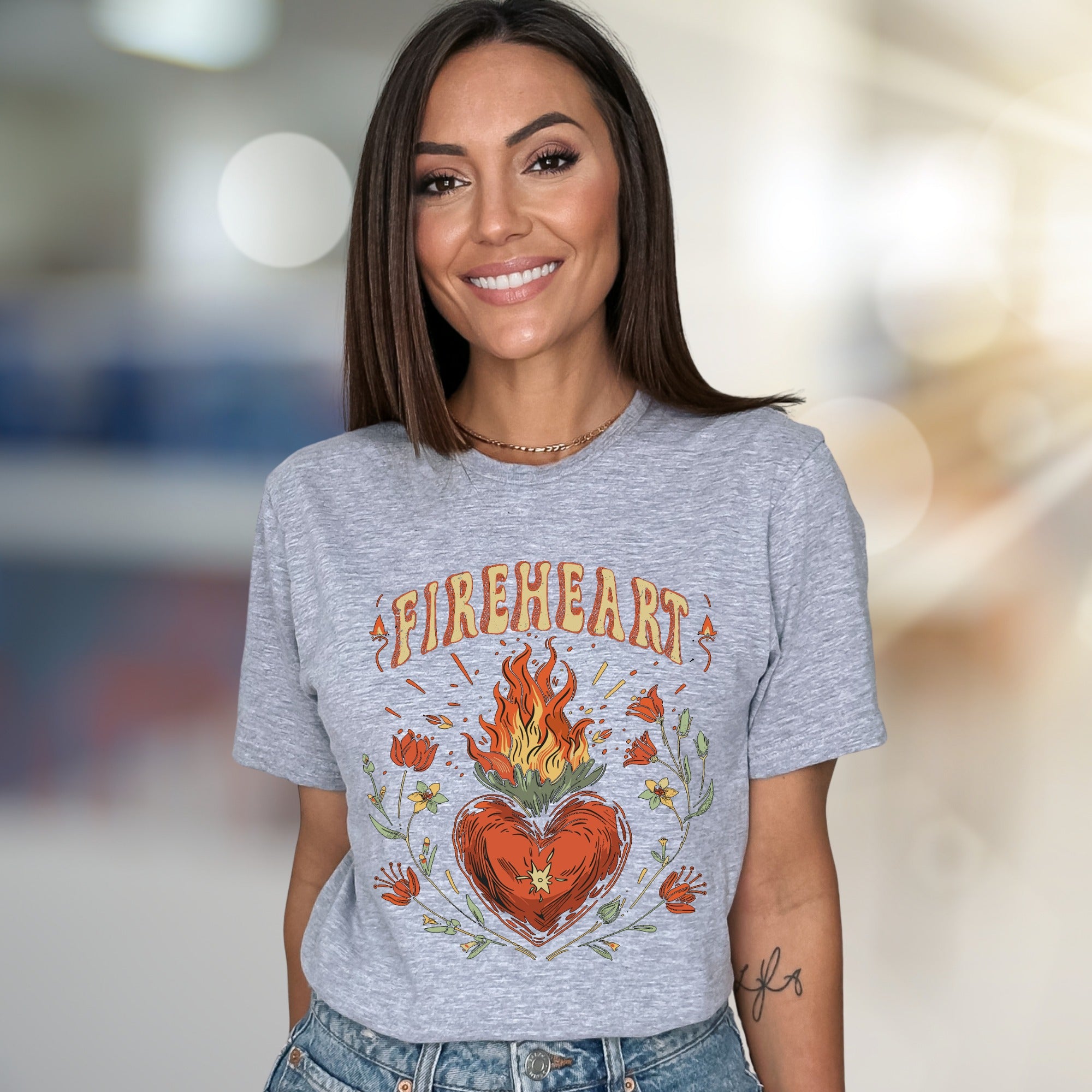 "FIREHEART" Mystical Bloom Graphic Tee, a Boho Chic Pick for Free Spirits