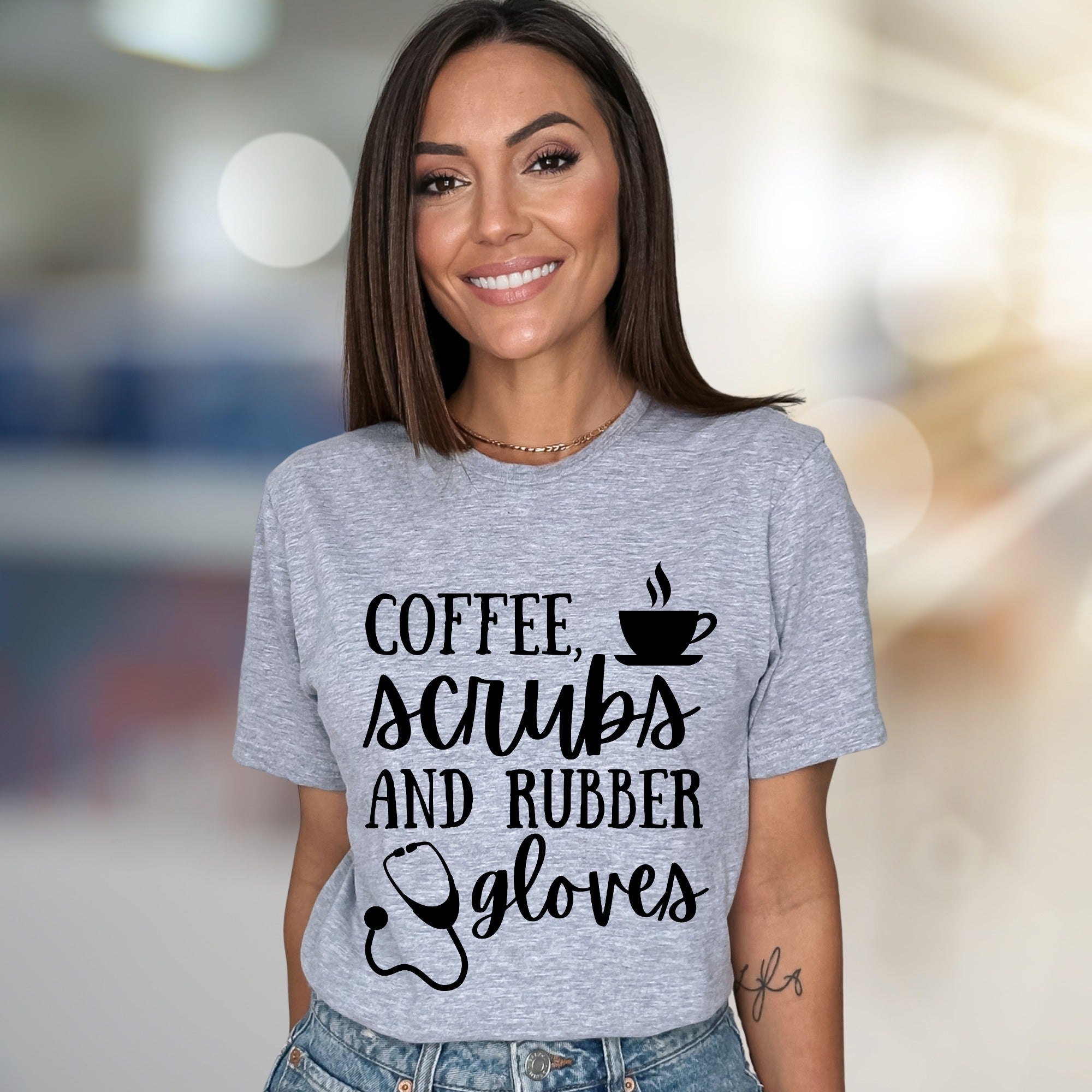"Coffee, Scrubs and Rubber Gloves" Healthcare Graphic Tee, a Nurse Life Pick for Medical Professionals