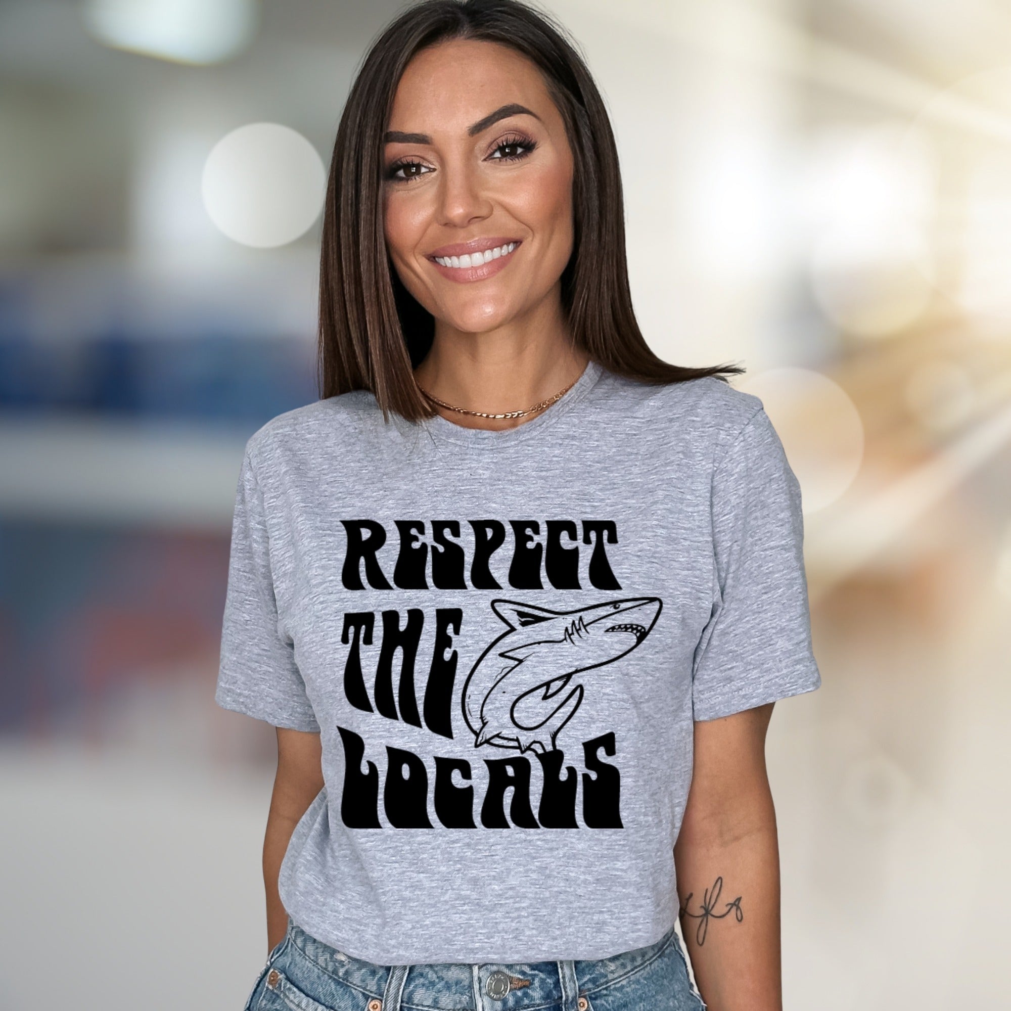 "Respect The Locals" Shark Graphic Tee, A Coastal-Cool Pick for Ocean Lovers