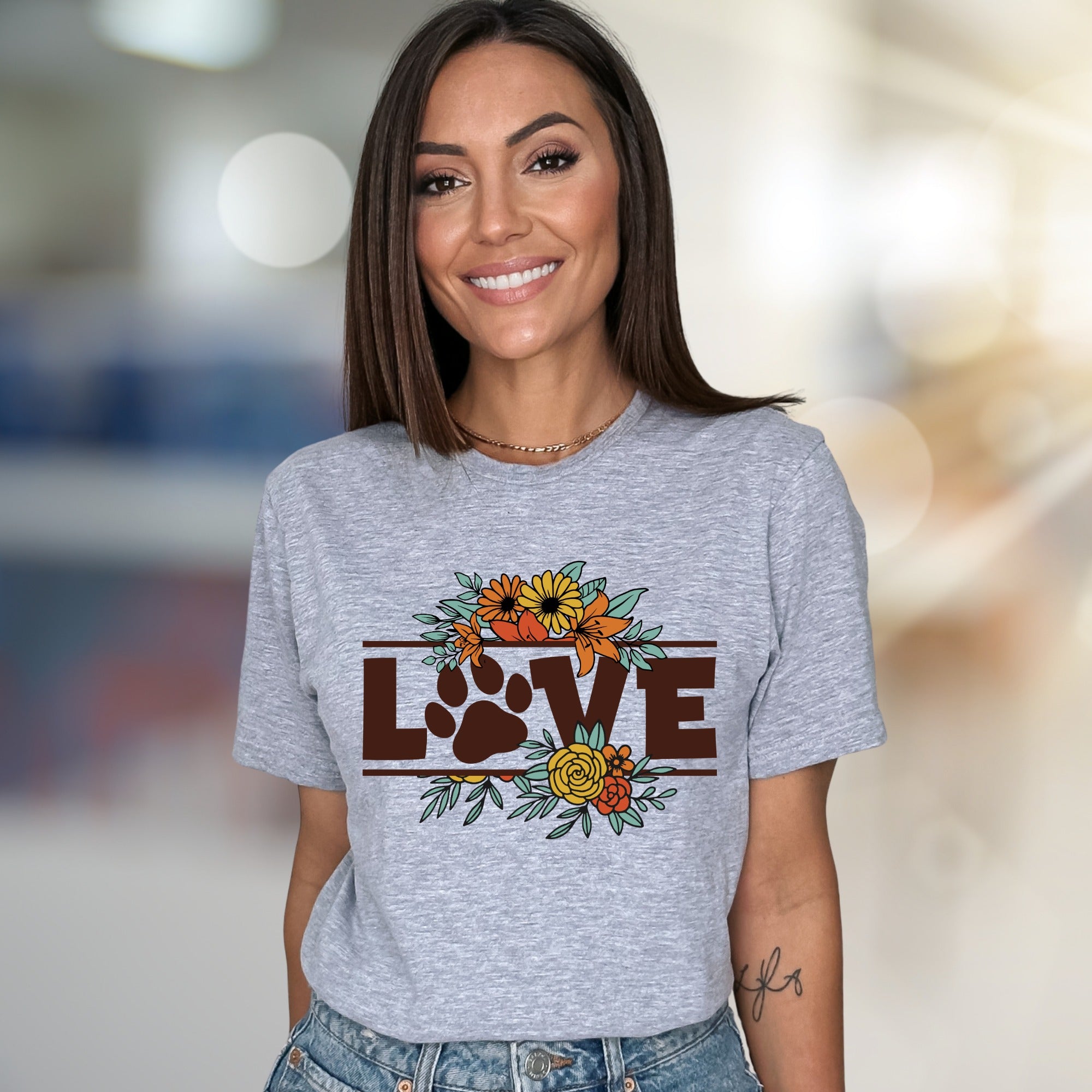 "LOVE" Floral Paw Print Graphic Tee, a Bohemian Pet Lover's Pick for Everyday Style