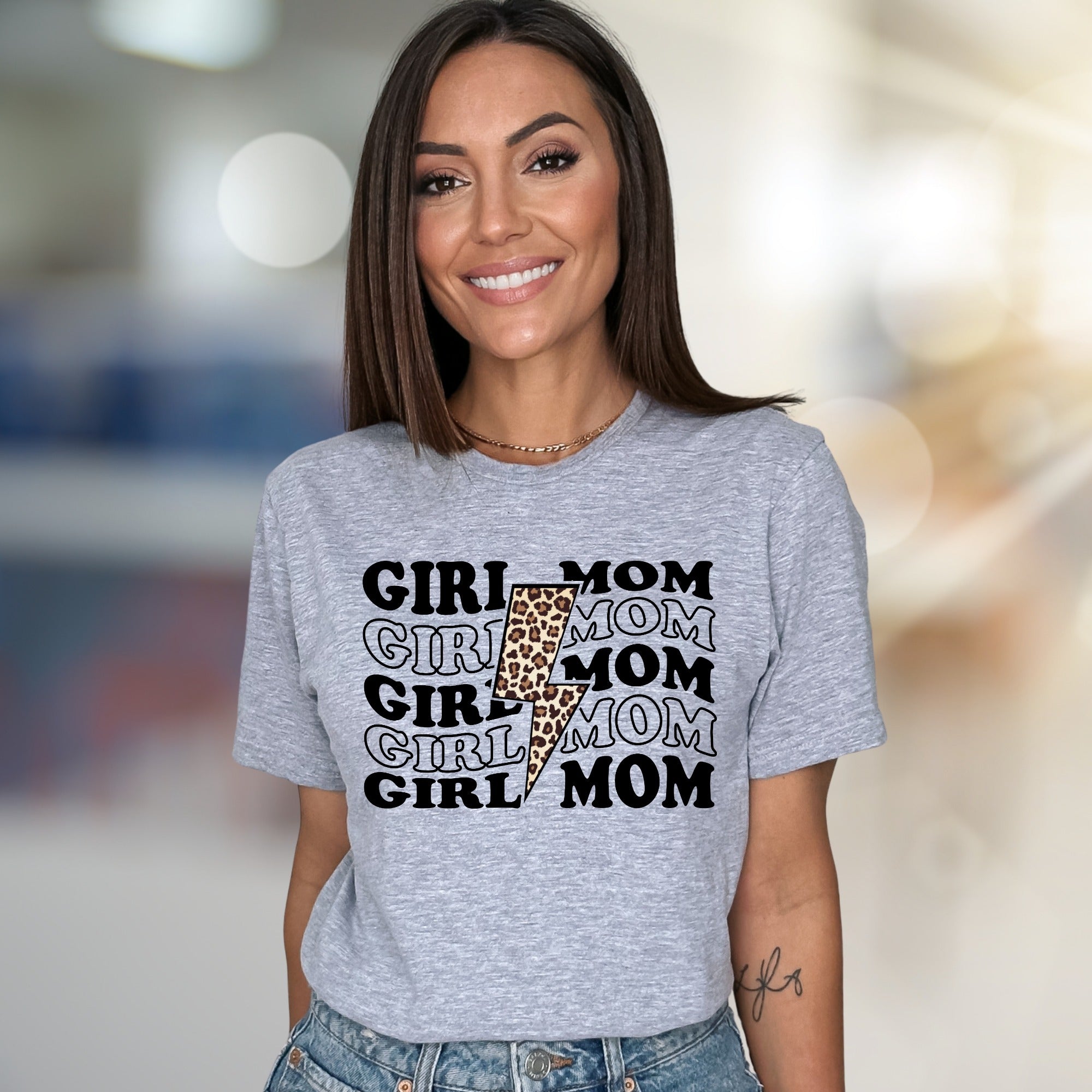 "GIRL MOM" Leopard Lightning Bolt Graphic Tee, a Strong Mama Pick for Everyday Wear