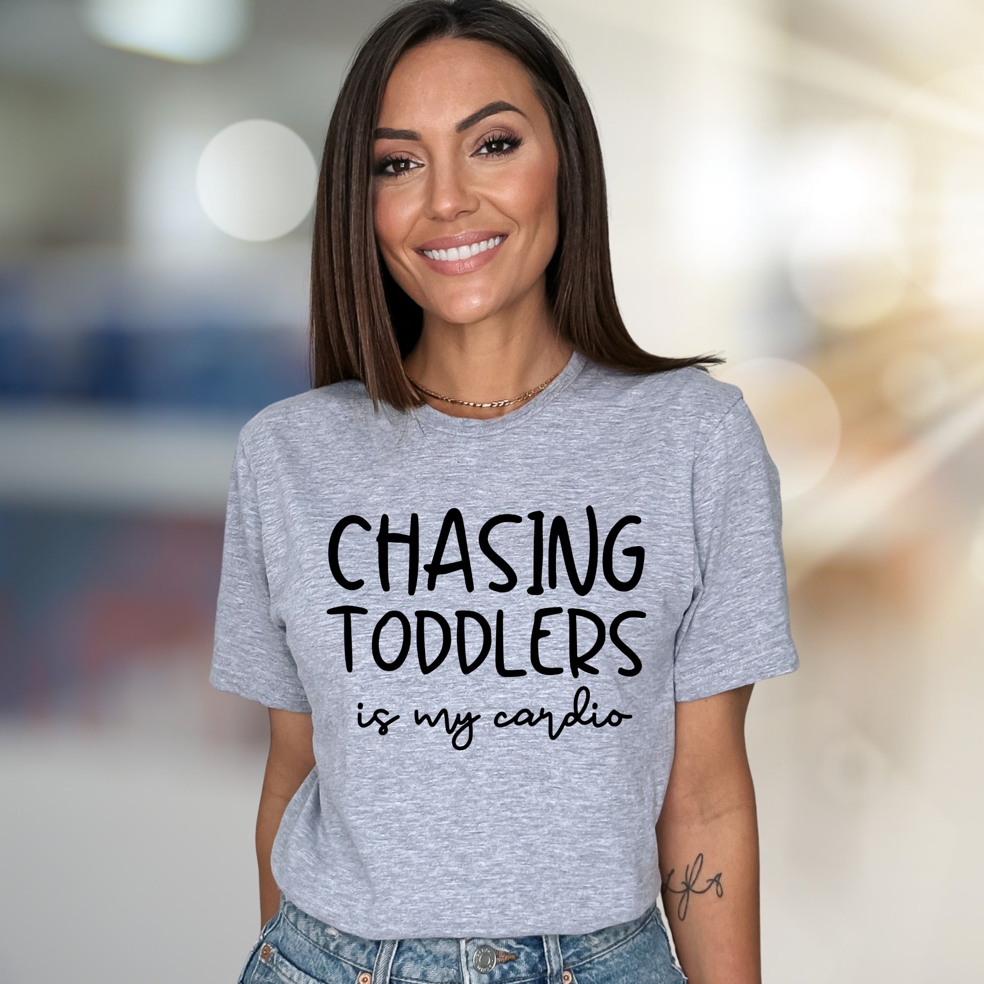"Chasing Toddlers Is My Cardio" Parent Life Graphic Tee, a Humorous Pick for Moms & Dads