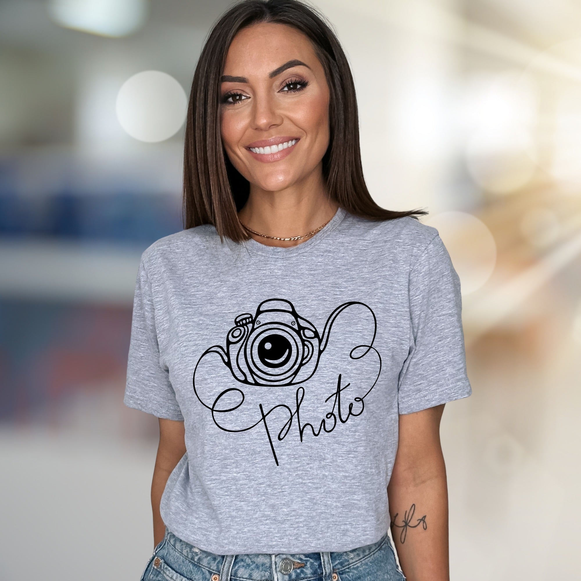 "Photo" Camera Sketch Graphic Tee, a Creative Pick for Photographers