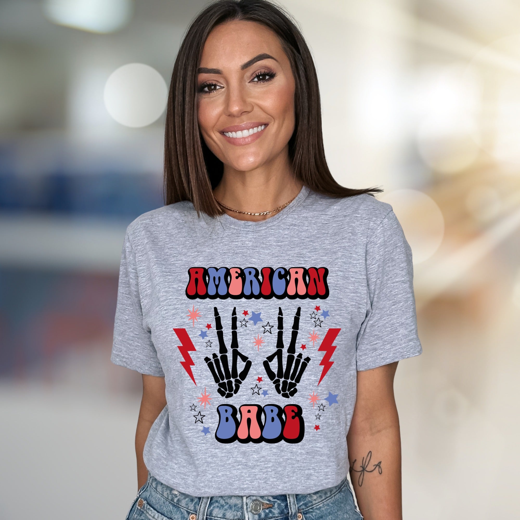 "AMERICAN BABE" Retro Patriotic Skeleton Tee, a Groovy Pick for Free Spirits