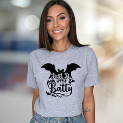 "Just A Little Batty" Halloween Bat Graphic Tee, a Spooky Pick for Festive Fans