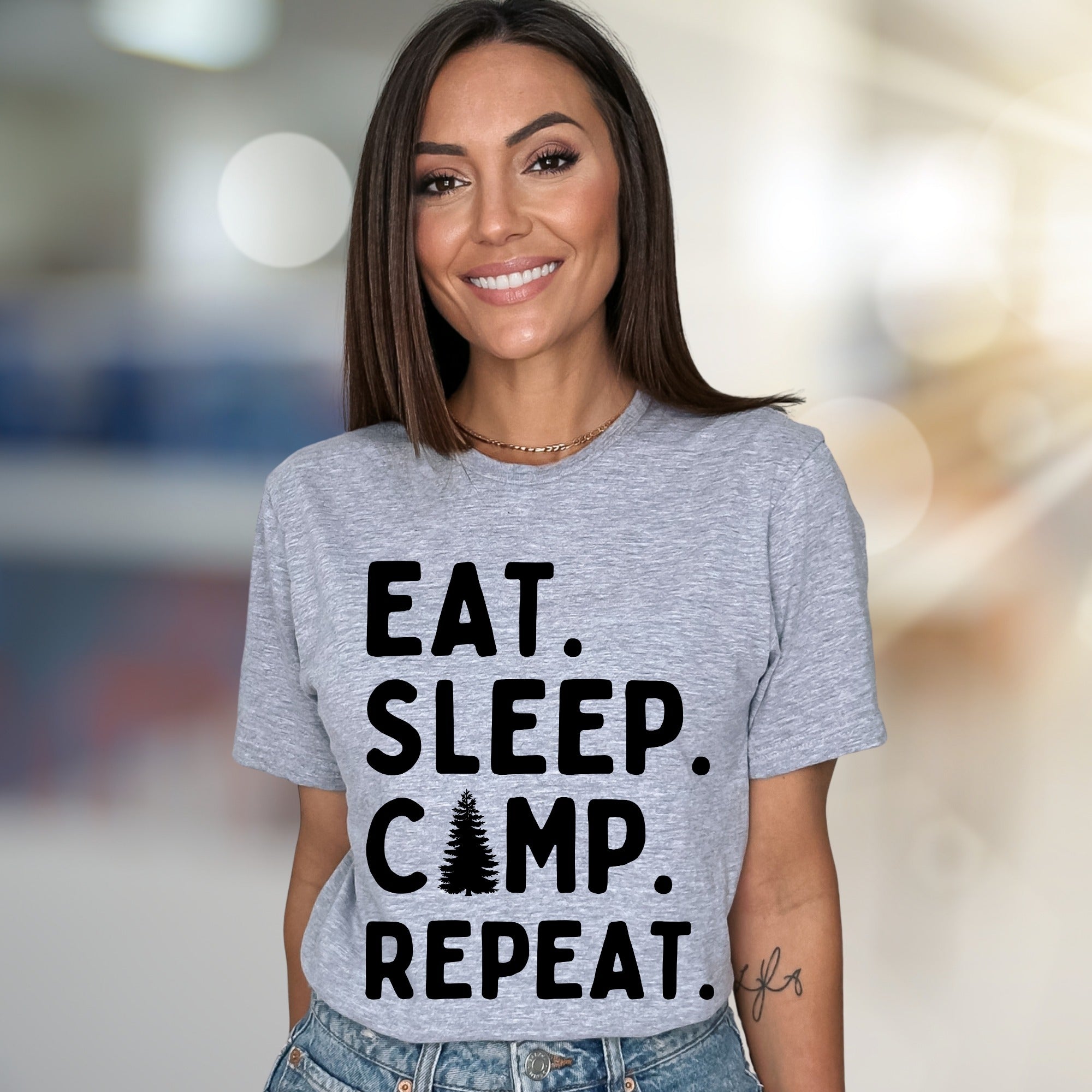"Eat Sleep Camp Repeat" Outdoors Graphic Tee, a Nature Lover's Pick for Adventurers