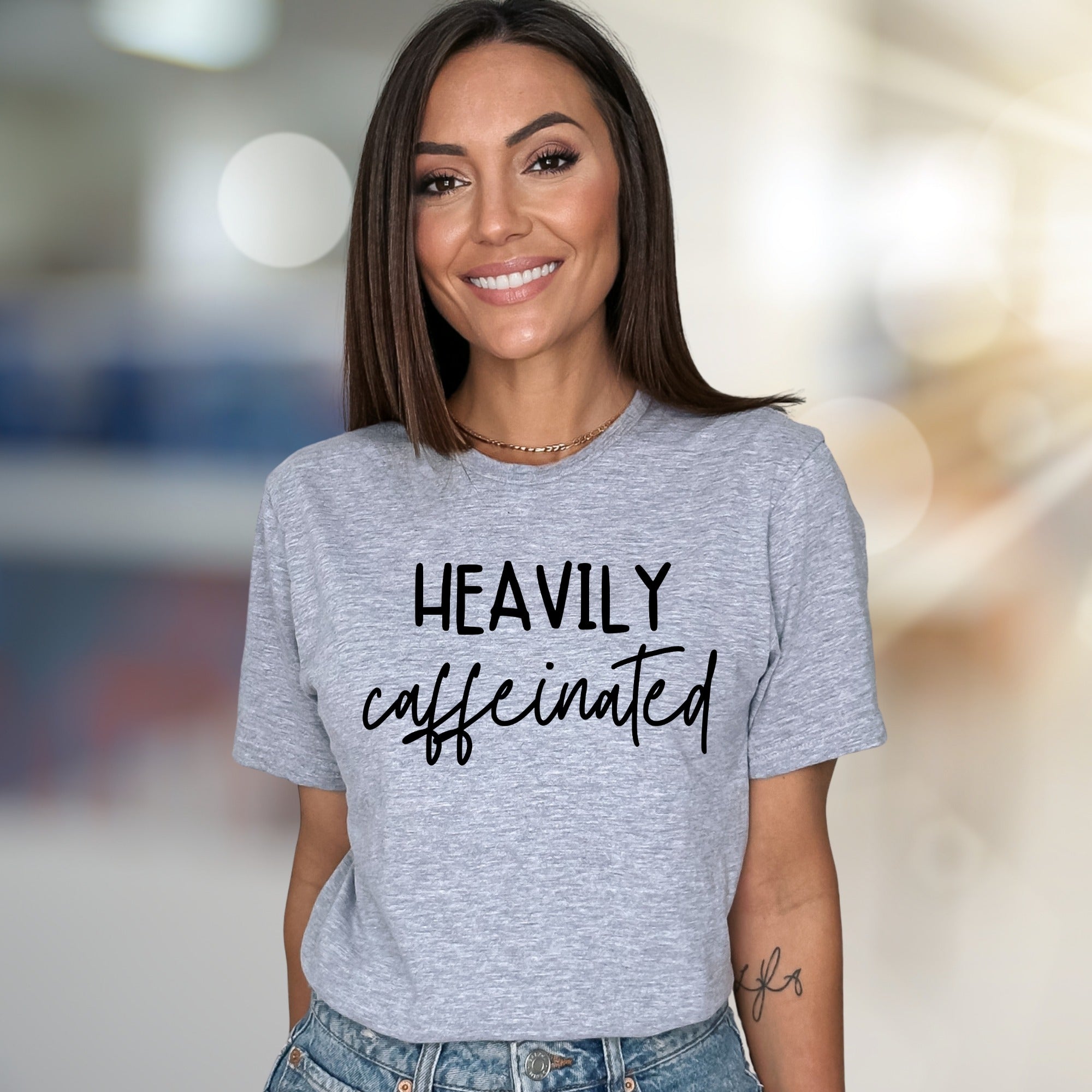"Heavily Caffeinated" Coffee Lover Graphic Tee, a Witty Statement for Everyday