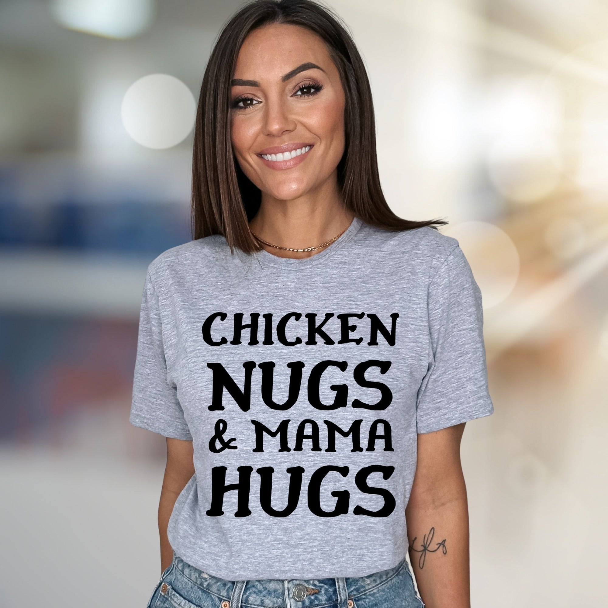 "Chicken Nugs & Mama Hugs" Whimsical Mom Life Graphic Tee, a Comfort-First Choice for Everyday