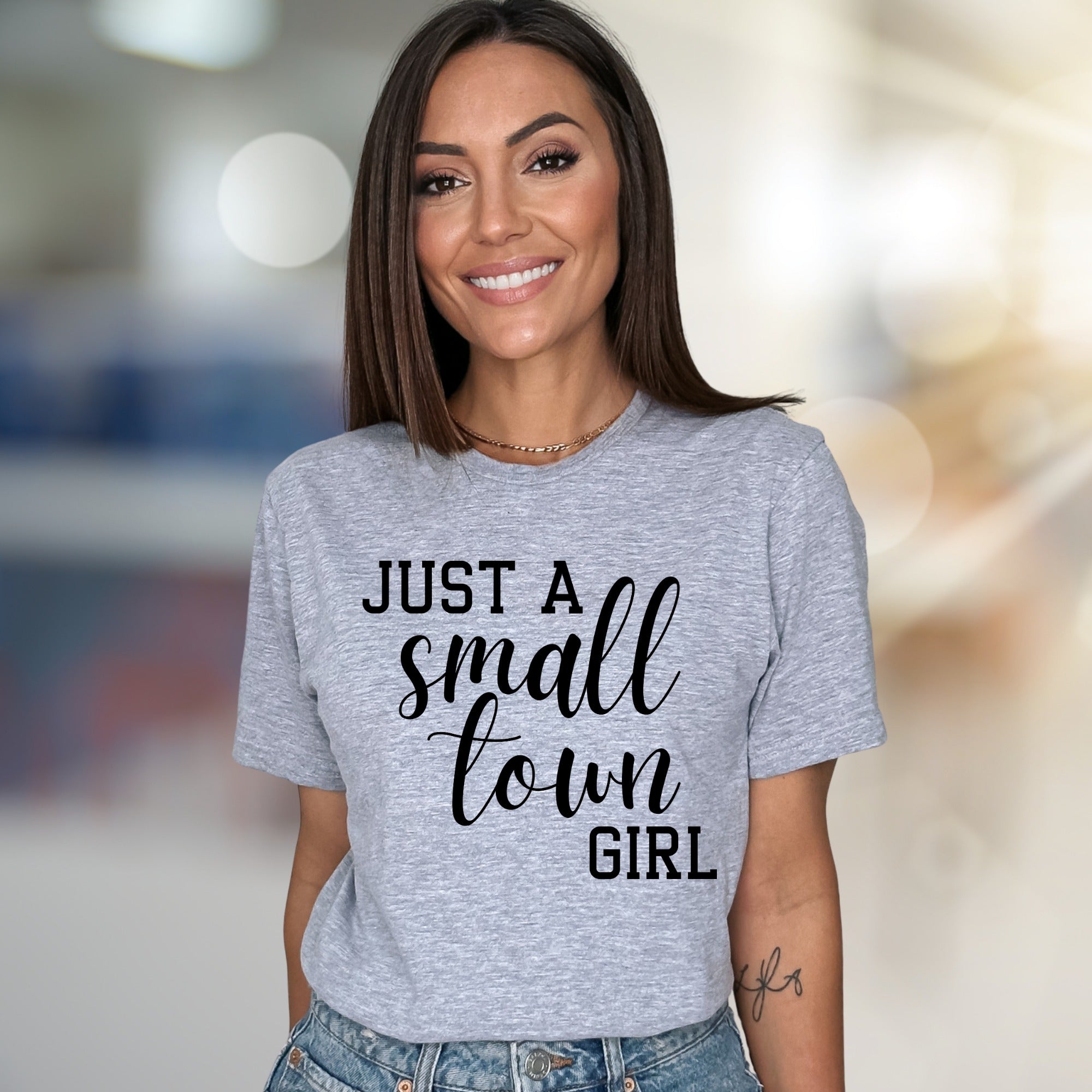 "JUST A SMALL TOWN GIRL" Script Graphic Tee, a Nostalgic Pick for Her