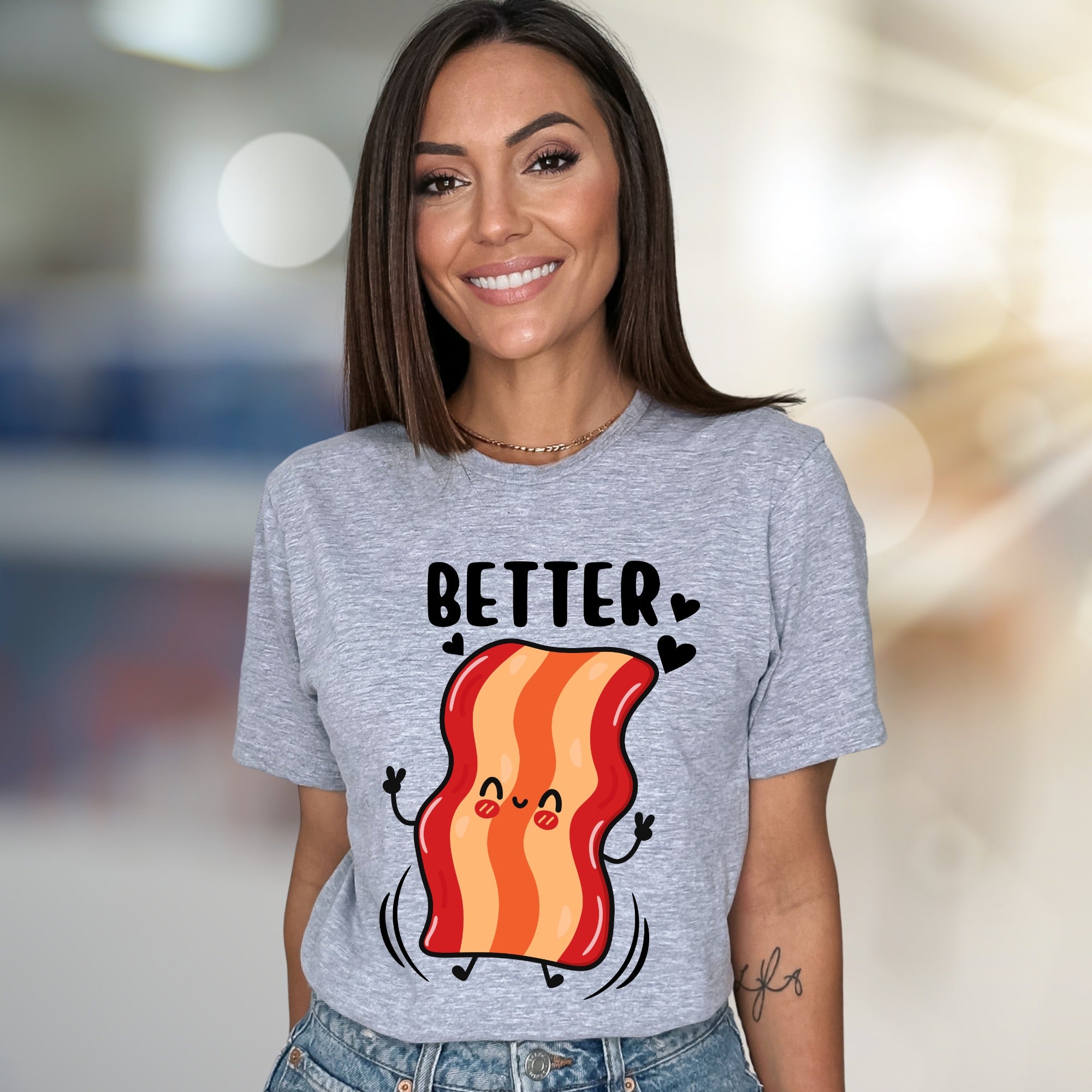 "BETTER" Cute Bacon Jumping Graphic Tee, a Fun Foodie Pick for Couples