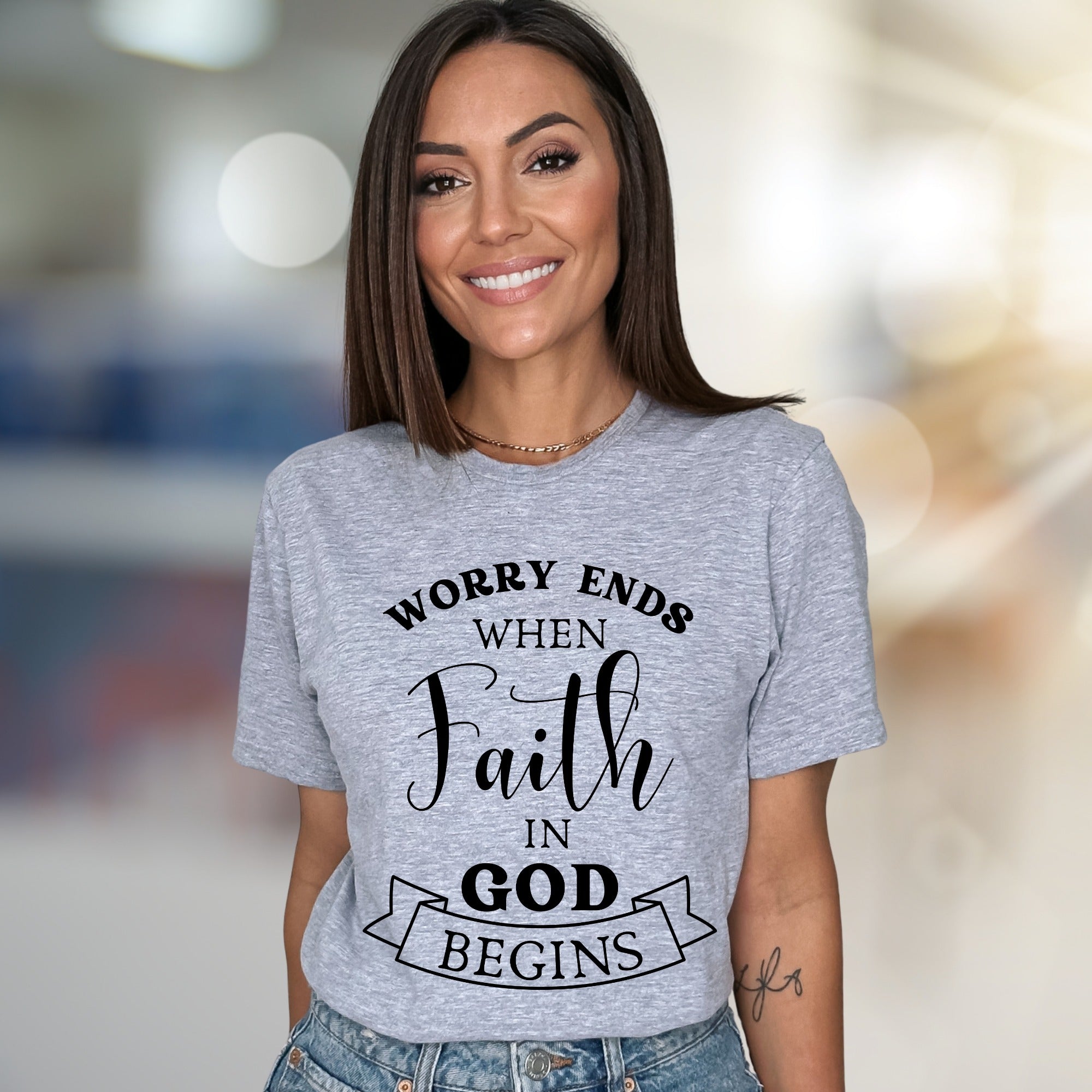 "Worry Ends When Faith in God Begins" Inspirational Graphic Tee, a Spiritual Pick for Believers