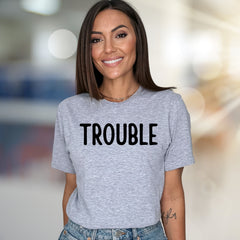 "TROUBLE" Bold Statement Graphic Tee, a Playful Pick for the Confident