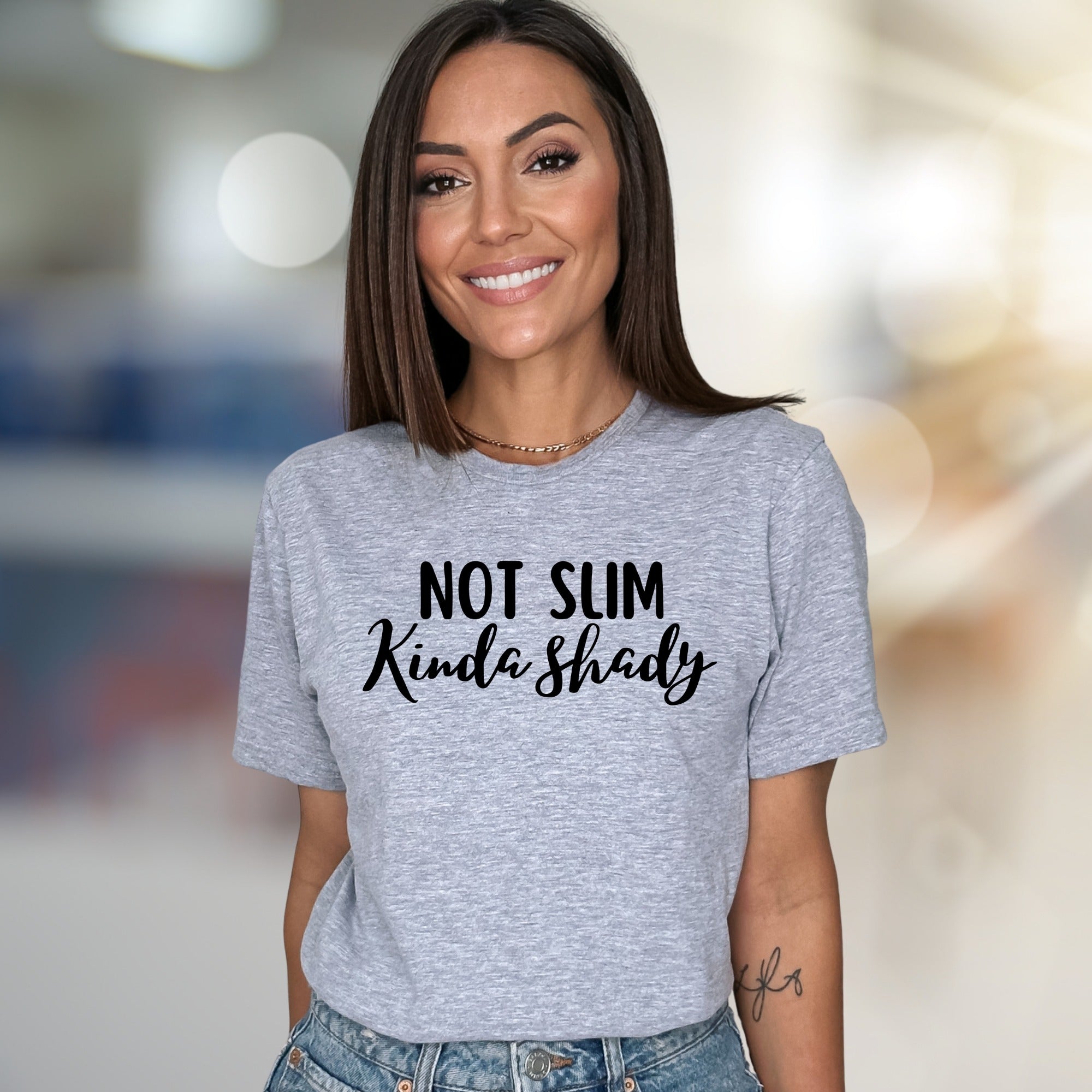 "NOT SLIM Kinda Shady" Sassy Slogan Graphic Tee, a Humorous Pick for Fun-Loving Individuals
