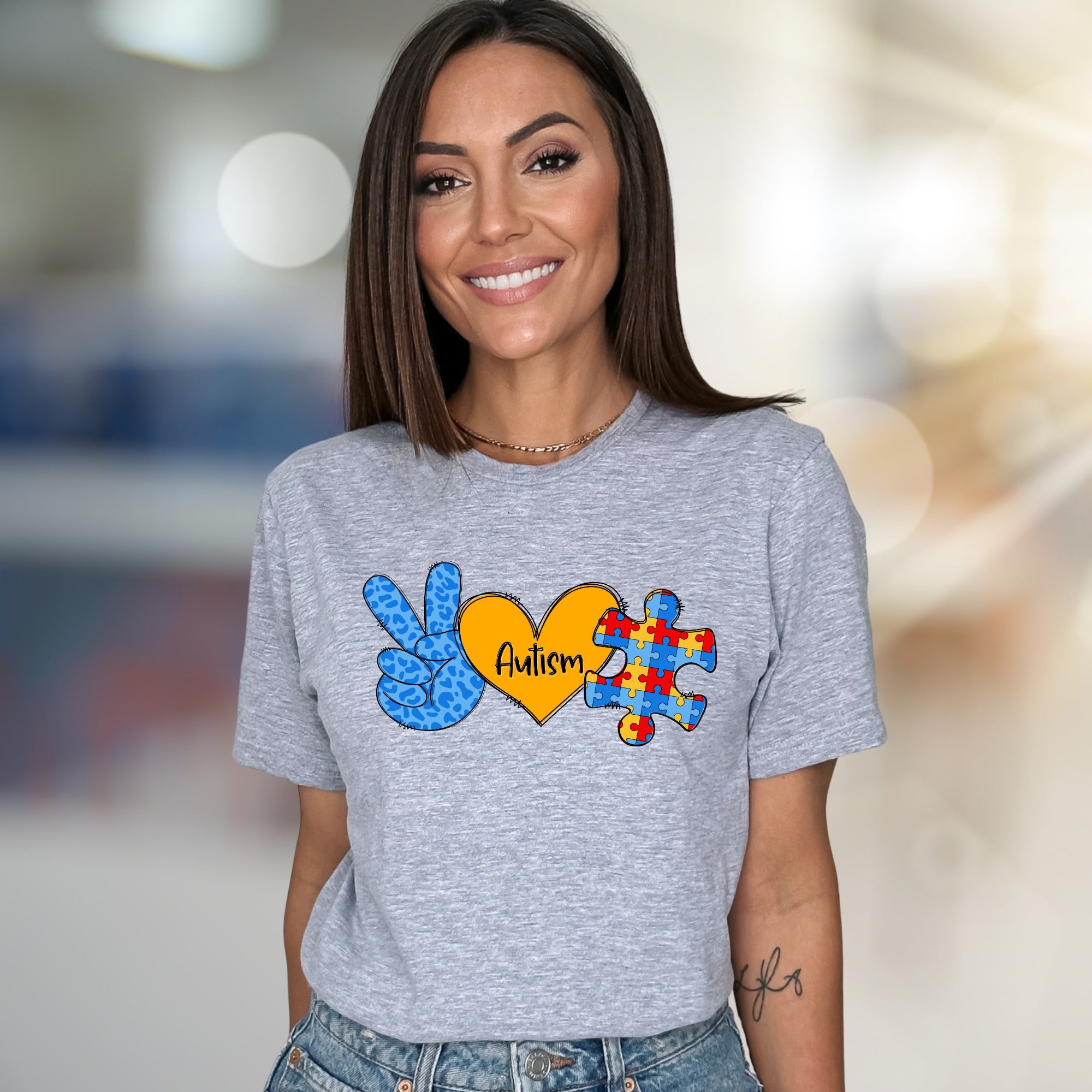 “Autism” Peace, Love & Puzzle Graphic Tee, a Supportive Awareness Pick for Advocates