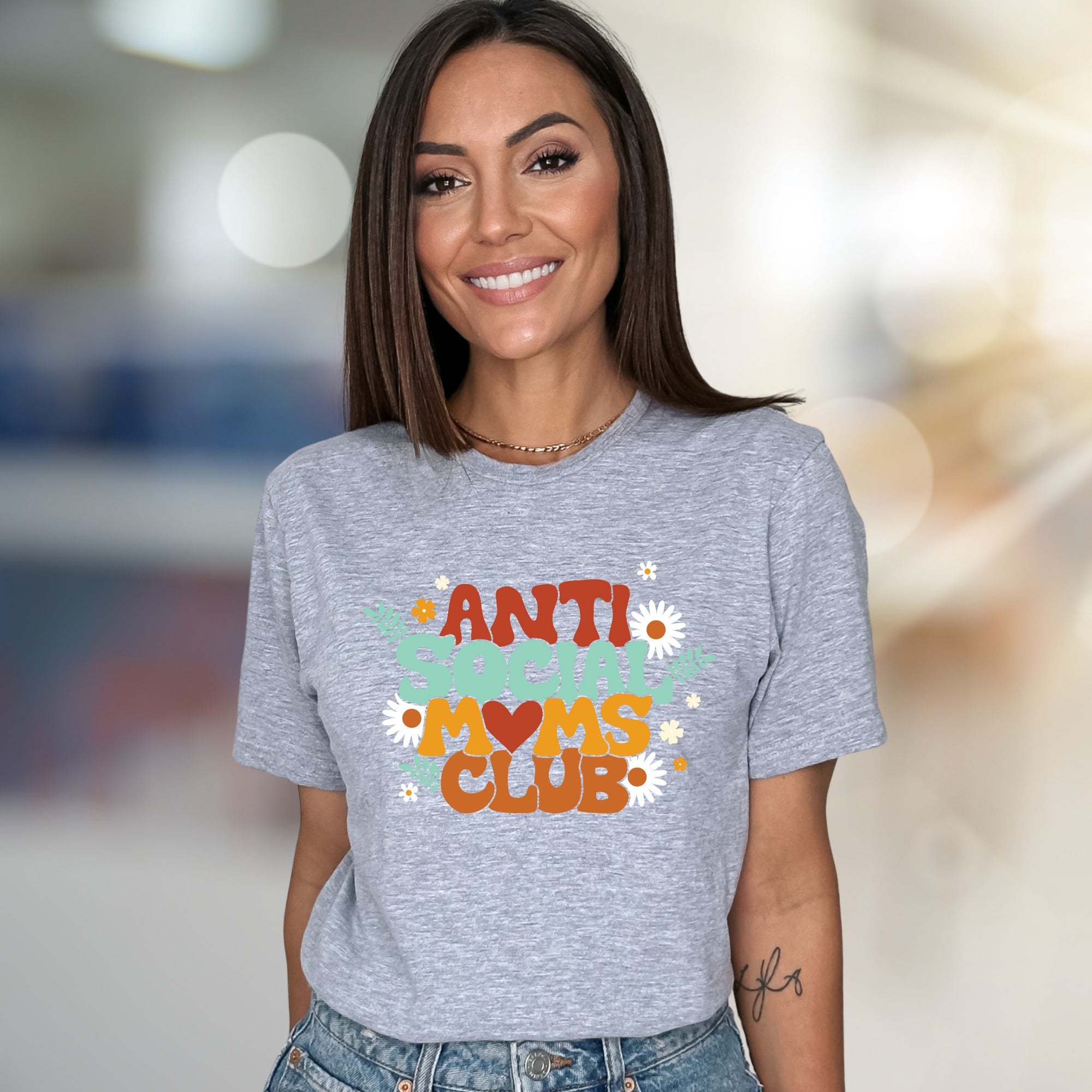 "Anti Social Moms Club" Retro Floral Graphic Tee, a Witty Pick for Modern Mamas