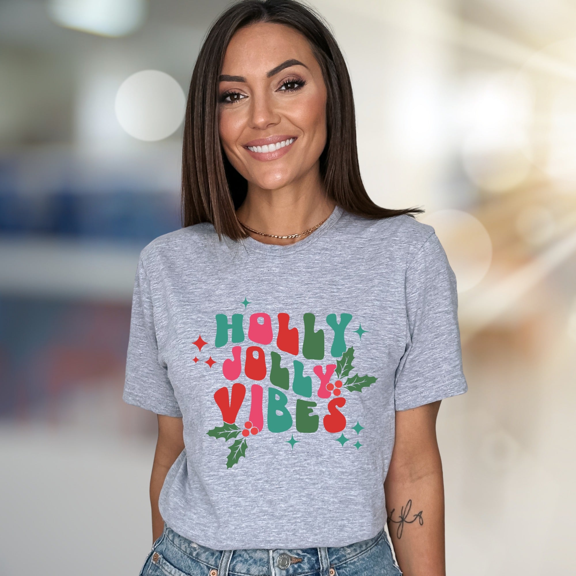 "Holly Jolly Vibes" Retro Christmas Graphic Tee, a Festive Niche Pick for Holiday Enthusiasts